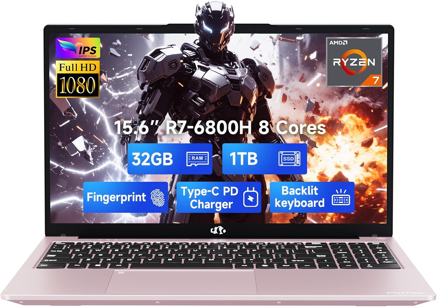 NIMO 15.6" IPS FHD-Gaming-Laptop, 8 Cores AMD Ryzen 7 6800H 32GB DDR5 RAM 1TB SSD (Beat i7-12700H, Up to 4.7GHz) AMD Radeon 680M GPU-Computer with 100W GaN Type-C Backlit Keyboard Fingerprint