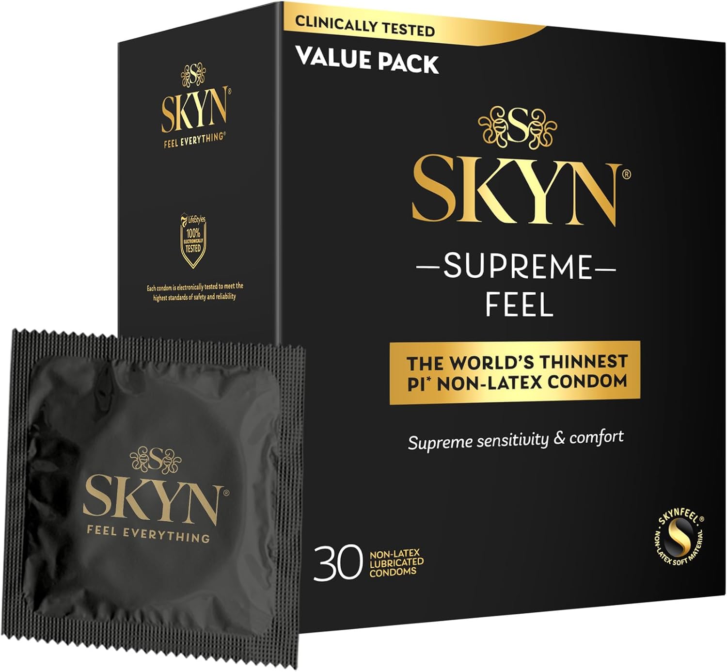SKYN Supreme Feel Non-Latex Condoms, 30 Count, Ultra-Thin & Pre-Lubricated for a Natural, Smooth Fit