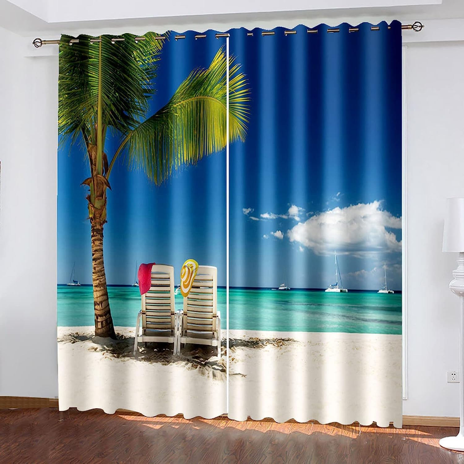 Blackout Curtains For Kids Bedroom Super Soft Thermal Insulated Living Room Eyelet Curtains Noise Reducing Window Treatments Curtains 3D Beach Cocon