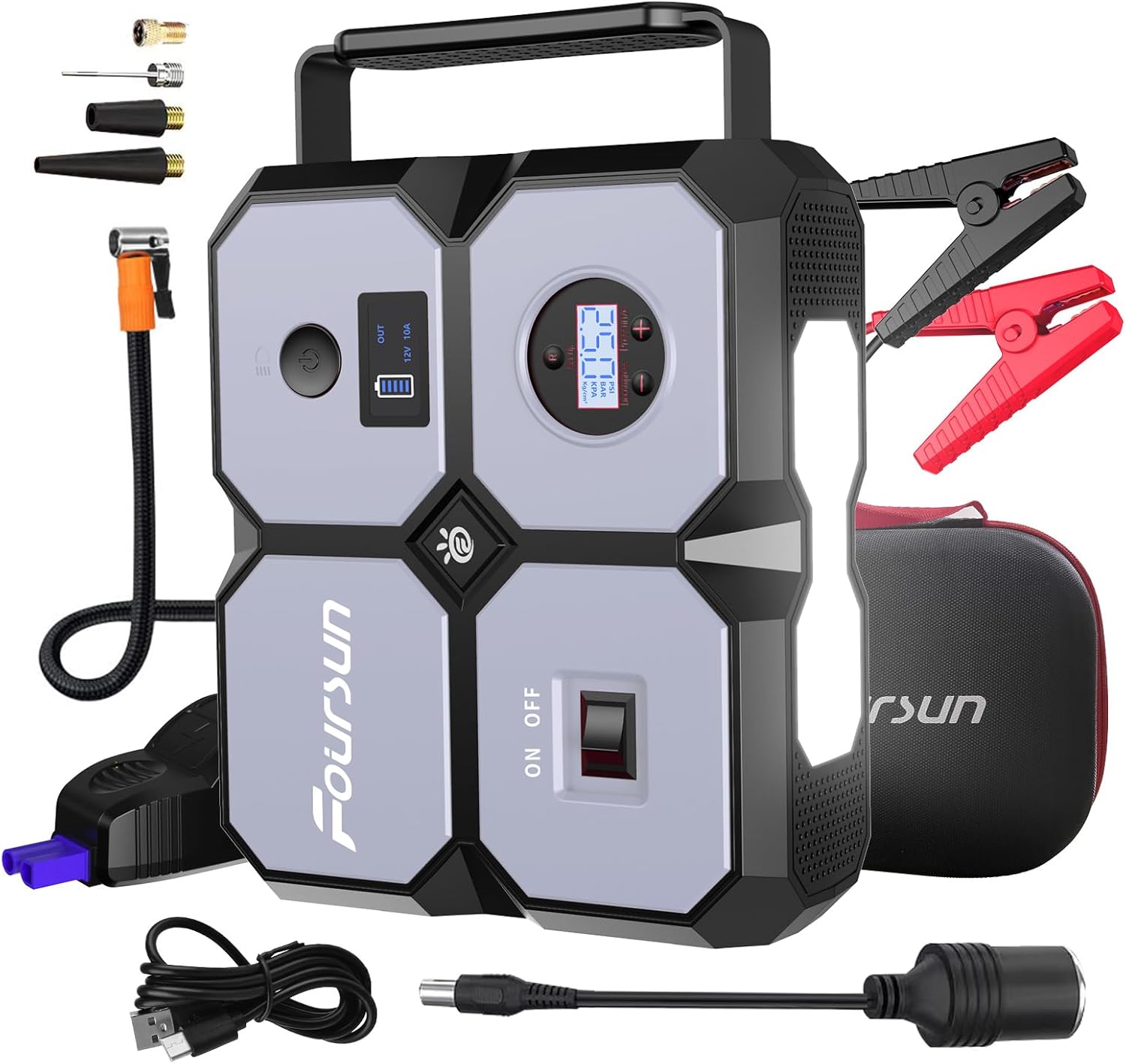 Portable Car Jump Starter with Air Compressor, Foursun 4000A Jump Starter Battery Pack (All Gas/8.0L Diesel) 150PSI Digital Tire Inflator, 12V Car Lithium Battery Jump Box Pack Power Charger