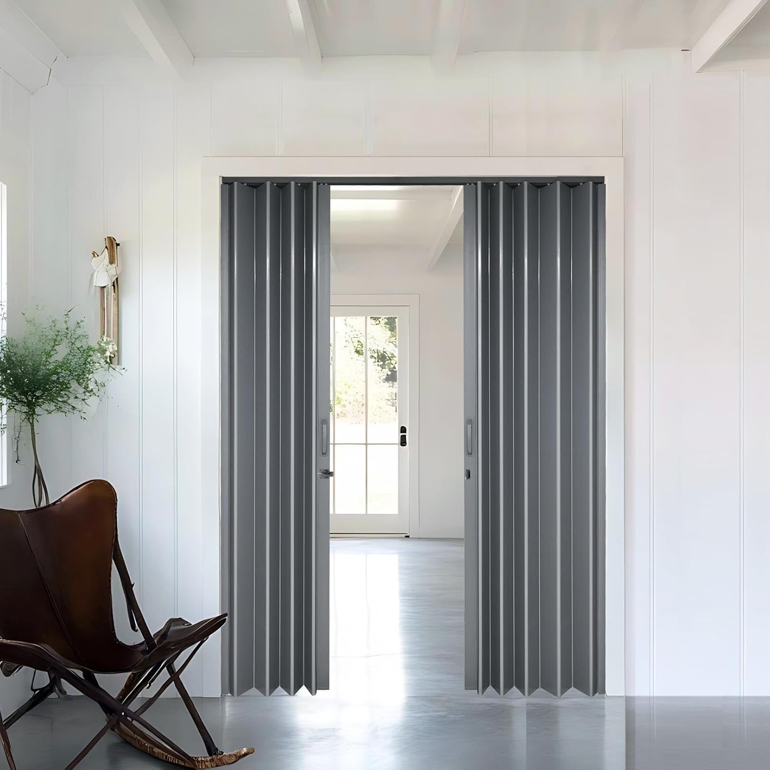 DIYHD 60X80in Grey PVC Folding Accordion Door for Interior, Includes Mounting Hardware, Handle & Latch, Close on Middle