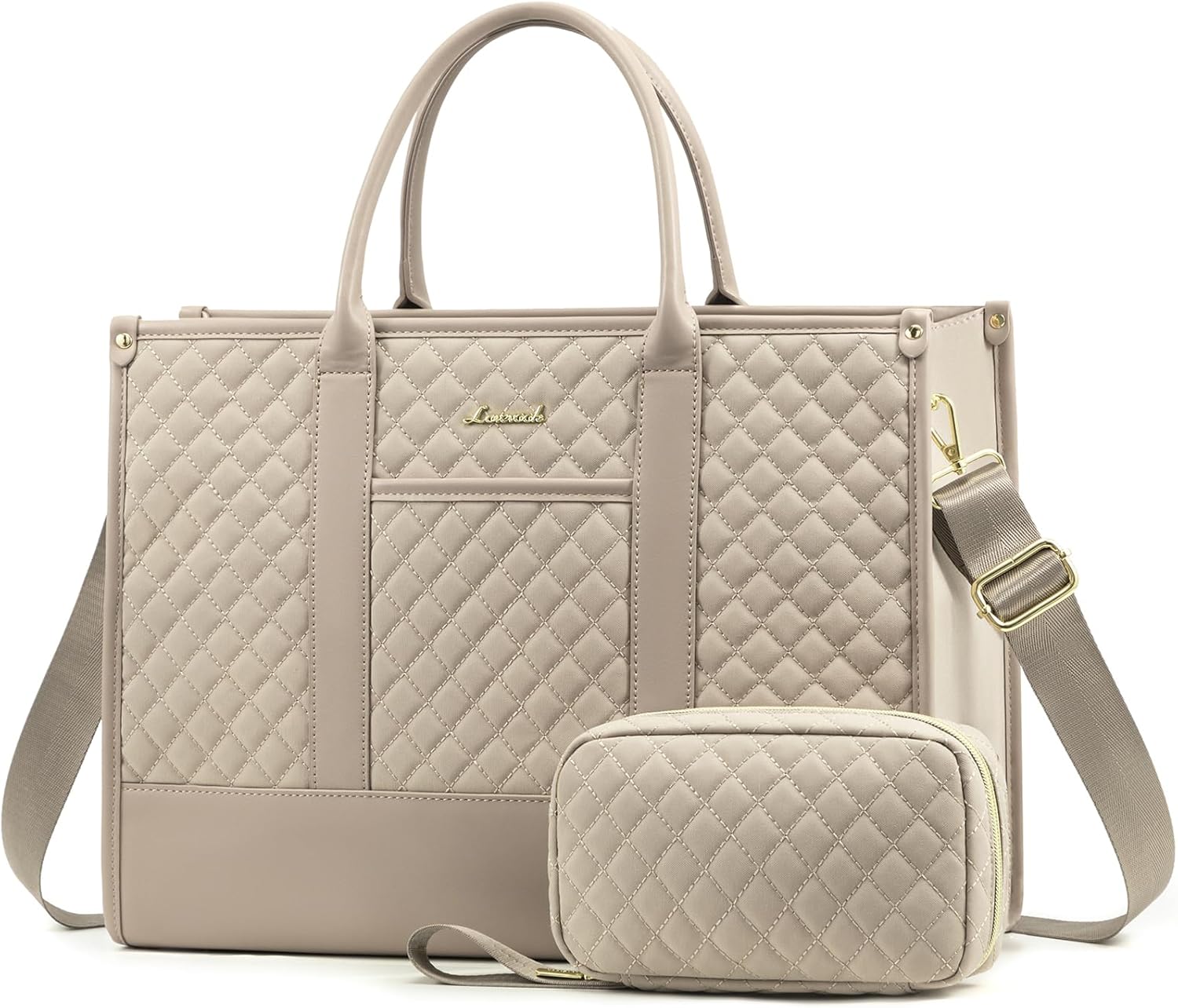 LOVEVOOK Laptop Bags for Women Handbags 15.6 Inch, Ladies Tote Bag for Work Office Business School, Large Womens Shoulder Bag with Adjustable Straps & Clutch Bag Lightweight, Beige