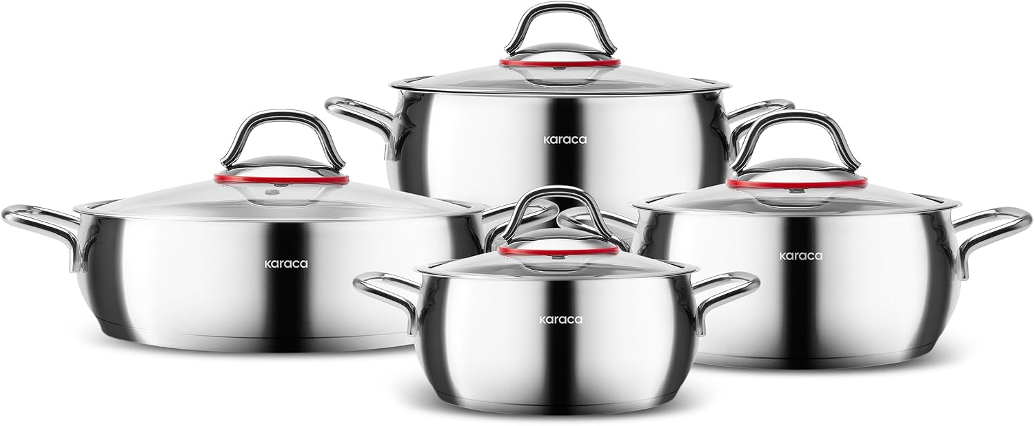 Karaca Emirgan 8-Piece Stainless Steel Cookware Set, Induction Compatible Pots & Pans, Durable 18/10 Steel, Glass Lids, Even Heat Distribution, Silver/Red