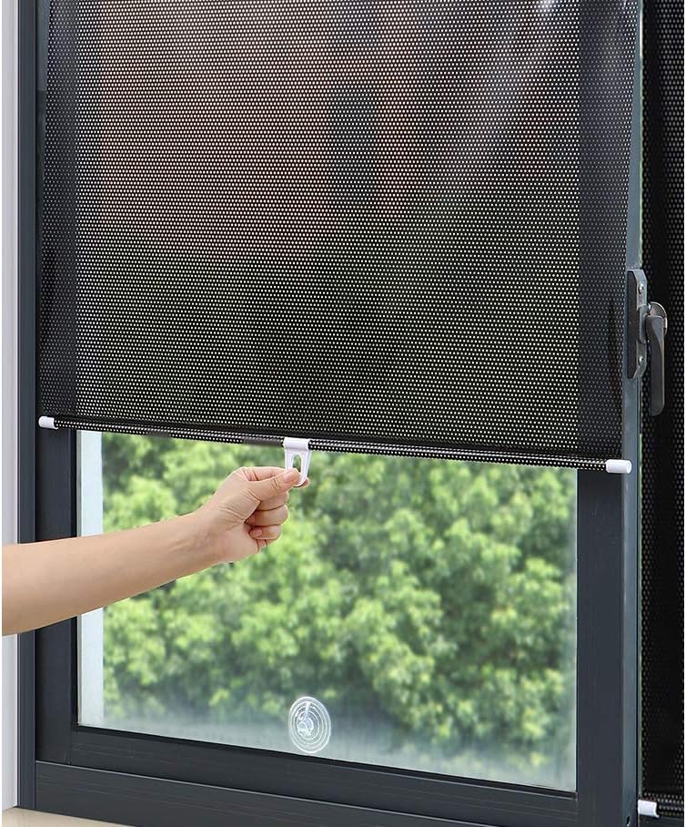 Suction Cup Roller Blind No Drilling Required Balcony Window Portable Sunshade Privacy Screen, Transparent Stickers Supplied (Black Mesh Dot 1 PACK, 45 x 125cm)