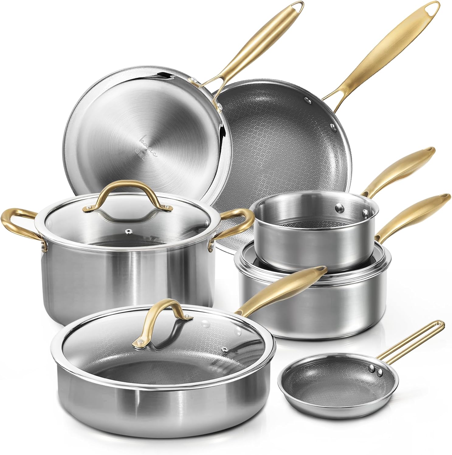 CAROTE Ceramic Tri-Ply Stainless Steel Cookware Set, 10Pcs Stainless Steel Pots and Pans with Tempered Glass Lids, Stay-Cool Handles, Dishwasher and Oven Safe up to 500°F