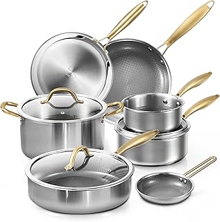 CAROTE Ceramic Tri-Ply Stainless Steel Cookware Set, 10Pcs Stainless Steel Pots and Pans with Tempered Glass Lids, Stay-Cool Handles, Dishwasher and Oven Safe up to 500°F
