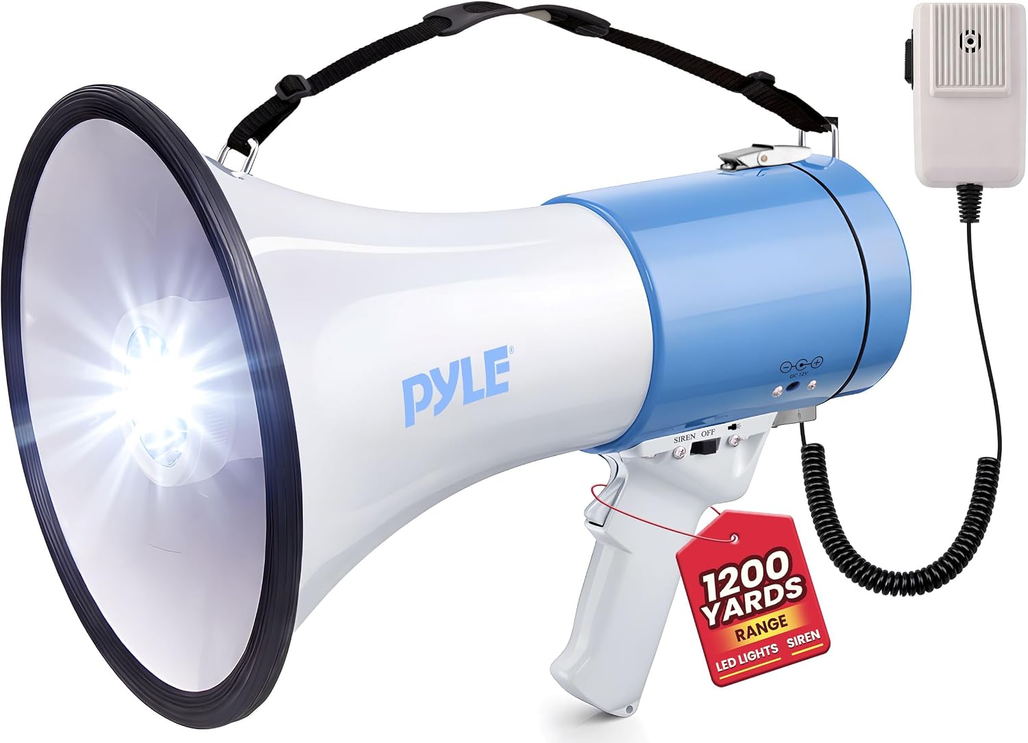 Pyle Compact Portable PA Megaphone Speaker - 50W Handheld Bullhorn with LED Flashlight, Alarm Siren, Adjustable Volume, Detachable Microphone, Battery Powered for Indoor & Outdoor Use