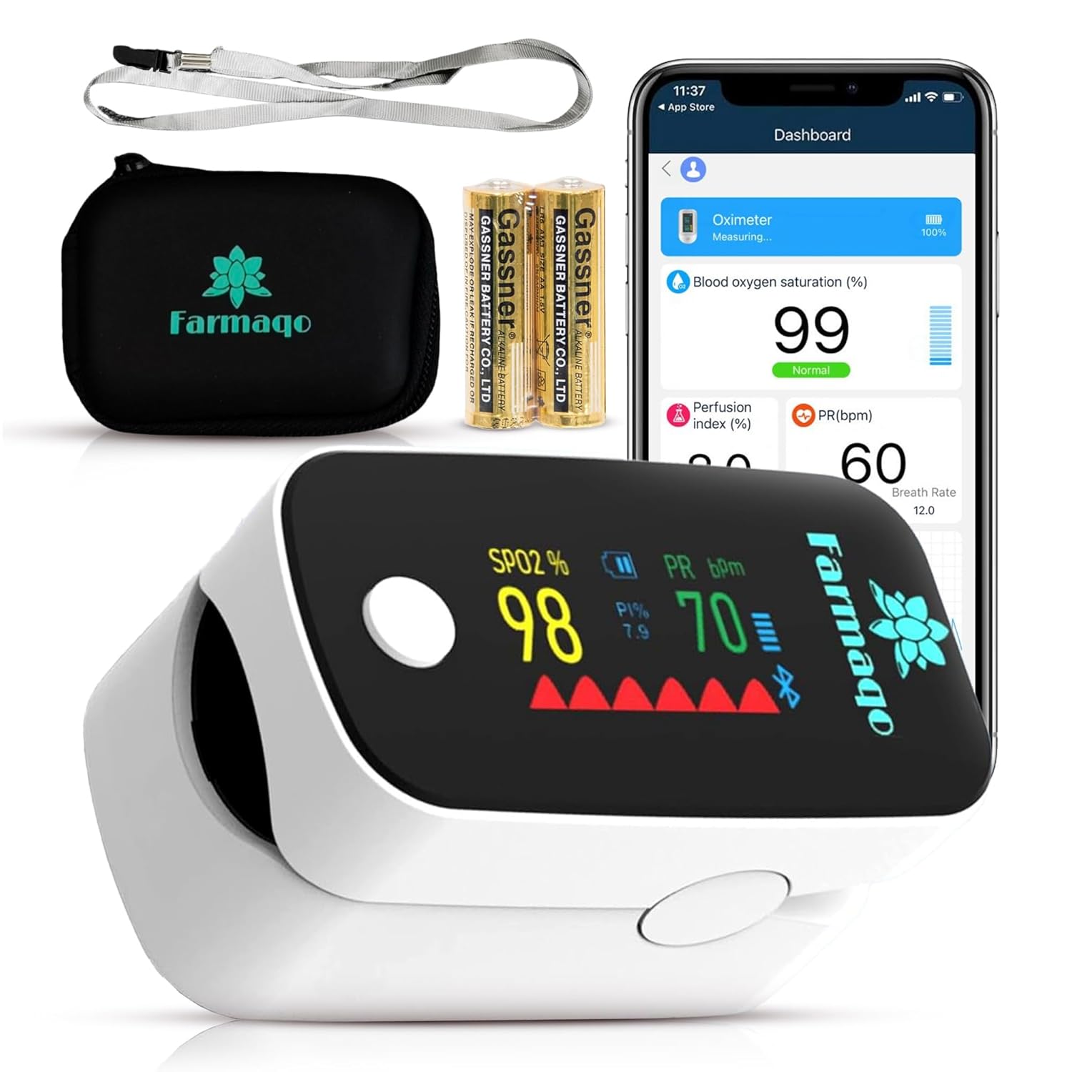 Finger Pulse Oximeter with Bluetooth – Blood Oxygen Monitor for SpO2 and Heart Rate, OLED Display, Free App, and Accessories Included