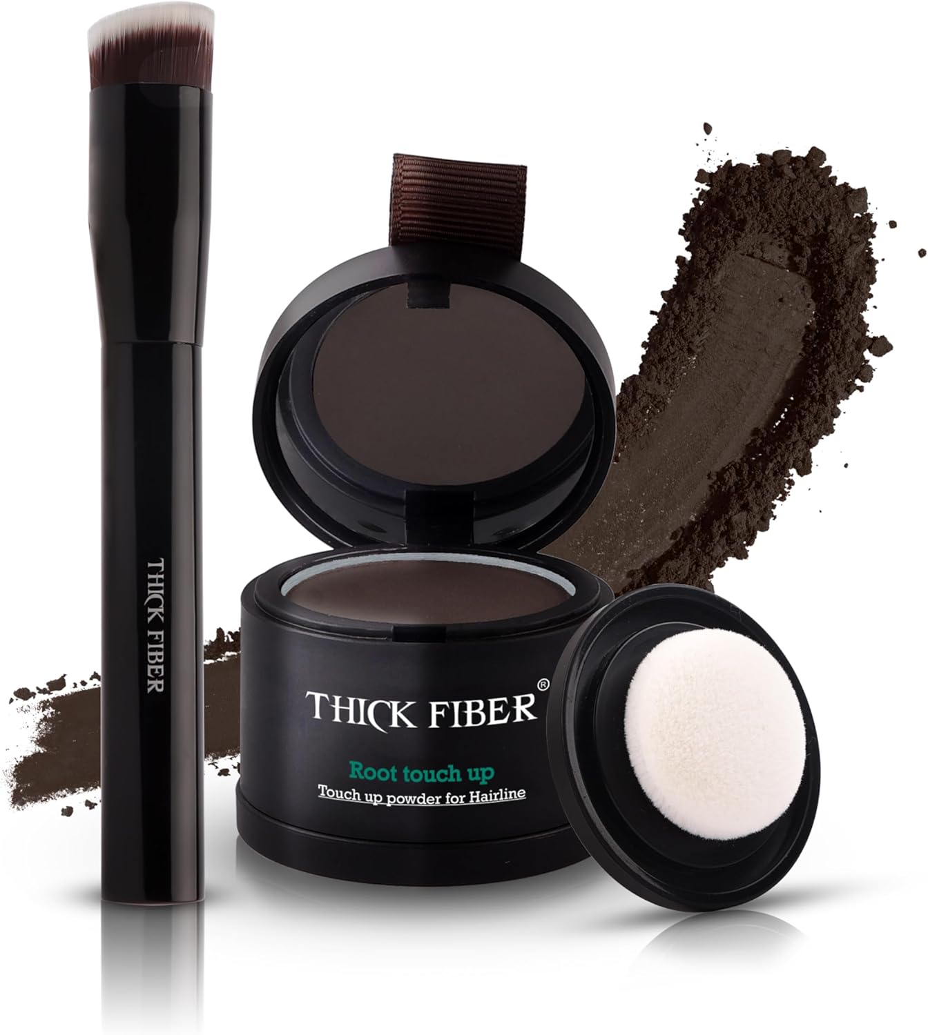 THICK FIBER Root Touch Up & Hairline Powder – Covers Gray Roots & Thinning Hair – Sweat & Water Resistant with Precise Brush – Hair Concealer for Bald Spots & Fill-In (Dark Brown)
