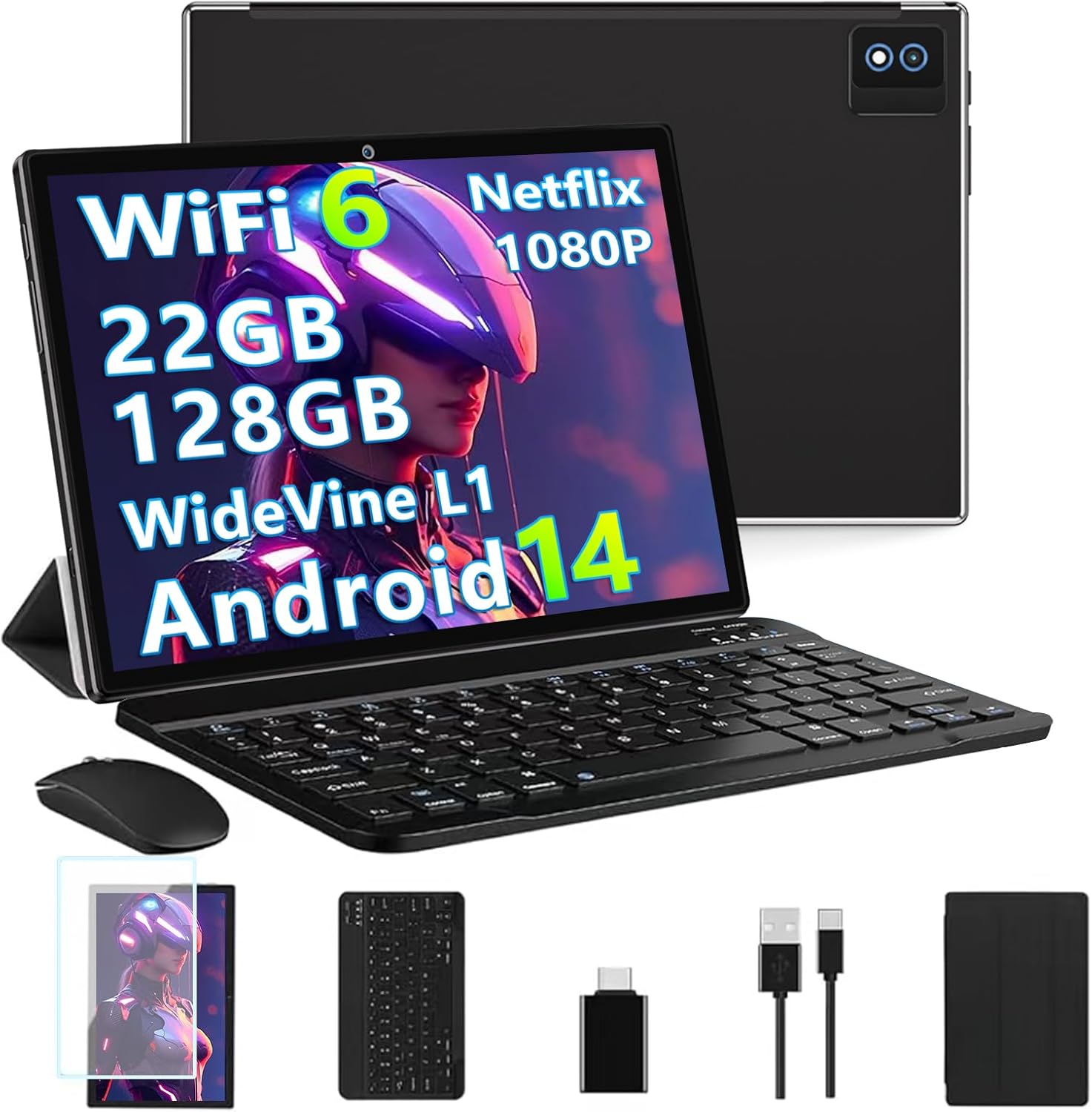 2025 Newest Android 14 Tablets 10 Inch Tablet, 22GB+128GB/2TB, 8000mAh, Octa Core2.0Ghz, 5G/WiFi 6, Widevine L1 FHD, BT5.0, Netflix/Face Unlocking, 13MP, GPS, OTG, GMS Tablet with keyboard＆Mouse-Black