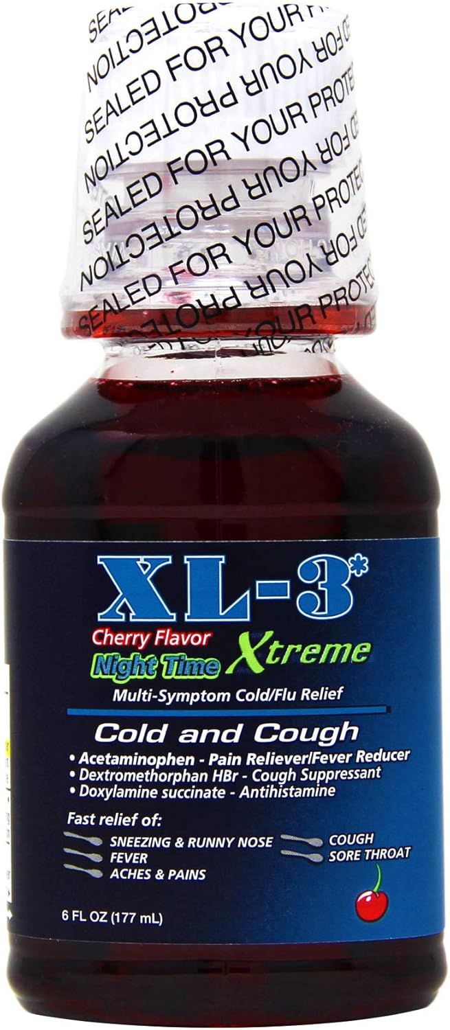 XL-3 Night Time, Non-Drowsy, for Cold and Flu Symptoms, Helps Relieve Nasal Congestion and Fever, 6 FL Oz, Bottle.