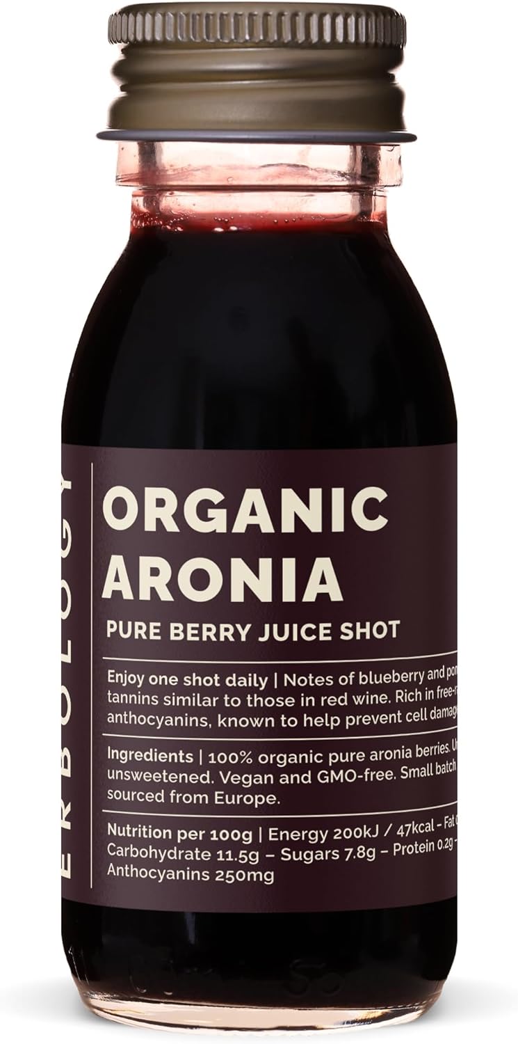 Erbology Organic Aronia Berry Juice 12 Daily Shots (60ml) - Glowing Skin - Rich in Anthocyanins - Straight from Farm in Europe - Undiluted - No Added Sugar - Non-GMO - Recyclable Glass Bottle