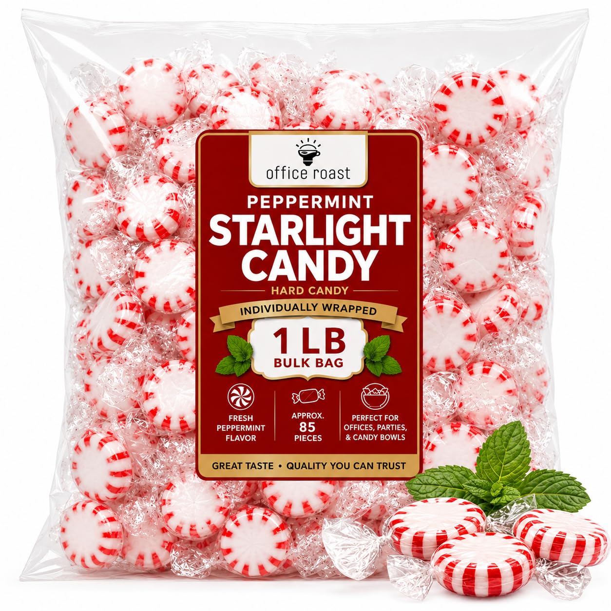 Peppermint Starlight Candy Bulk 1 LB, Individually Wrapped Hard Mint Candy, Red & White Peppermint Candy for Candy Bowls, Offices, Restaurants, Parties & Holiday Treats