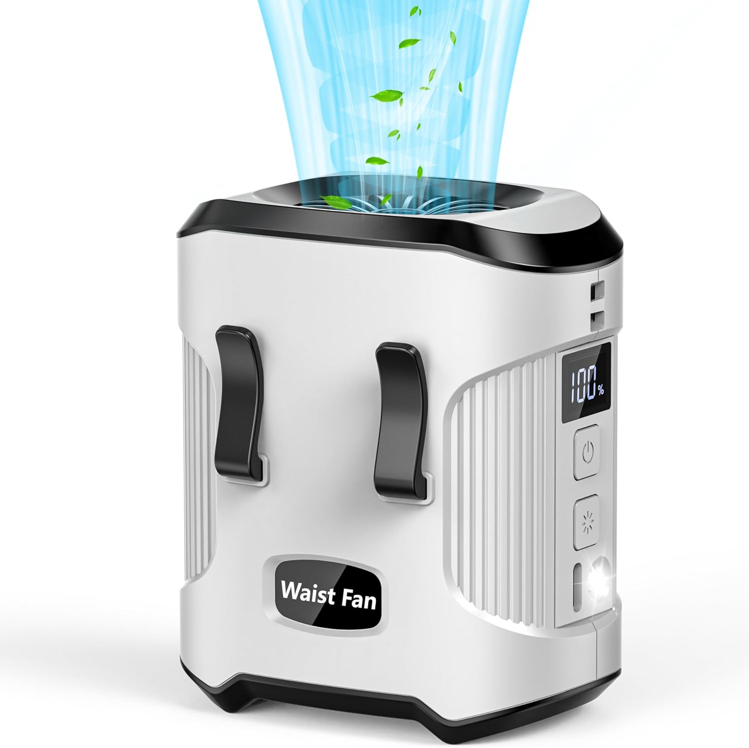 Waist Fan Clip on Shirt Belt Body Wearable Hand-Free Rechargeable Battery Powered Fan with 3 Speed & Flashlight Cooling Portable Neck Fan for Outdoor Camping Travel