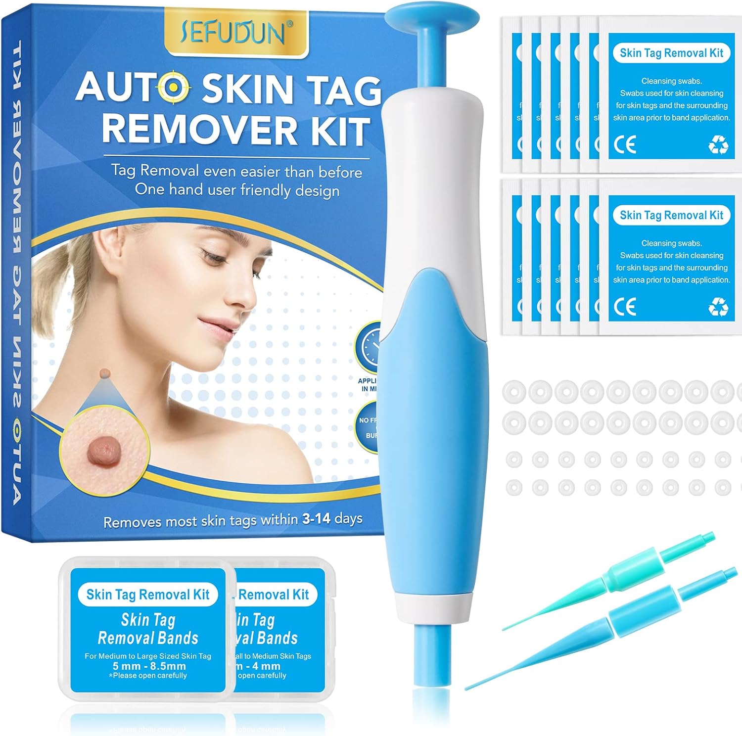 Auto Skin Tag Remover Kit for Face & Body, Upgraded Fast and Easy Removal Pen for Small to Large Size 2mm-8mm, Safe and Painless Clear Skin Tag & Mole, with 40 Removal Bands & 10 Cleansing Wipes