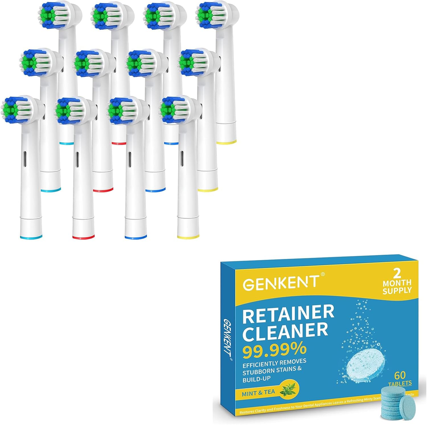 Toothbrush Replacement Heads (12 Pack) with Cleaning Tablets – Compatible with Oral-B Electric Toothbrushes – Includes Retainer Cleaner Tablets for Mouth Guards, Aligners