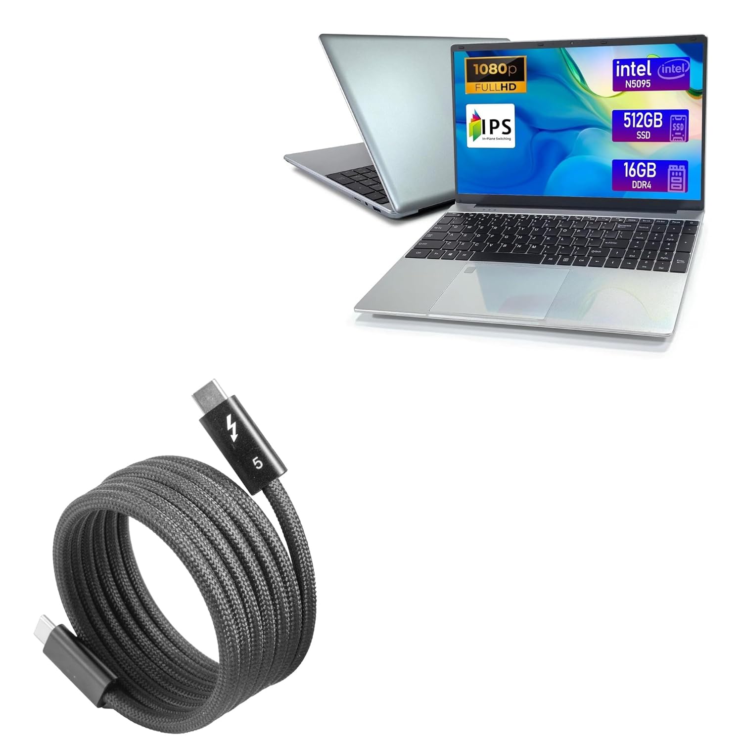 BoxWave Cable Compatible with IJKKJI MTL1561 Windows 11 Laptop (15.6 in) - SnapWrap Thunderbolt 5.0 Cable (5ft 240W), Magnetic Self-Coiling Nylon Braided Retractable - Jet Black
