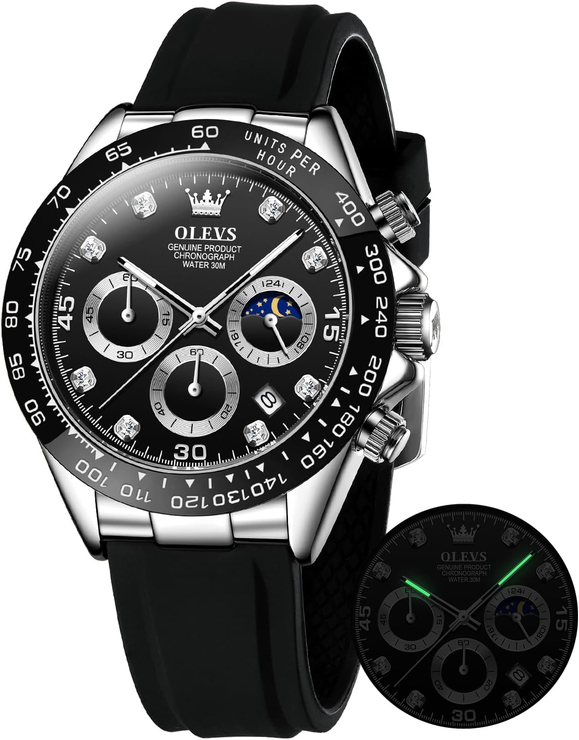 OLEVS Mens Watches Sport Silicone Band Chronograph Multifunction Luxury Diamond Moon Phase Analog Quartz Male Wrist Watches for Men Waterproof Luminous