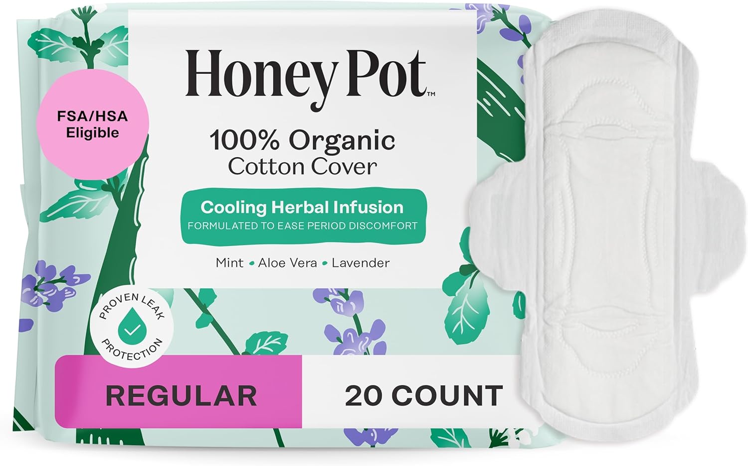 The Honey Pot Company - Herbal Sanitary Pads for Women - Regular Flow w/Wings - Infused w/Essential Oils for Cooling Effect & Organic Cotton Cover - Feminine Care - 20 ct