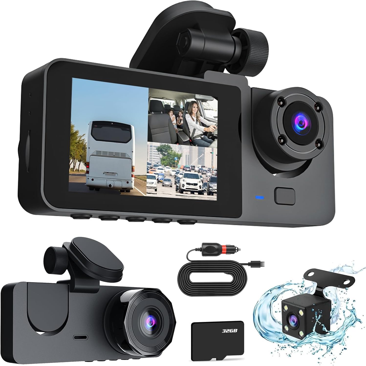 3 Channel Dash Camera Front and Rear Inside,1080P HD Car DVR Dash Cam Video Recorder with 32G MMC Card,Built-in Super Night Vision,G Sensor Motion Detection,WDR,24H Parking Mode,Loop Recording