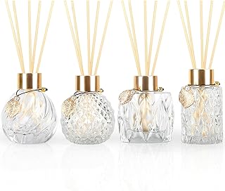 4Pcs Reed Diffuser Set with Metal Golden Decoration, 3.5-4.2oz Empty Reed Diffuser Bottles with 20Pcs Reed Diffuser Sticks, Unique Design Bottles for Home and Office(4 Pcs Different Bottles)