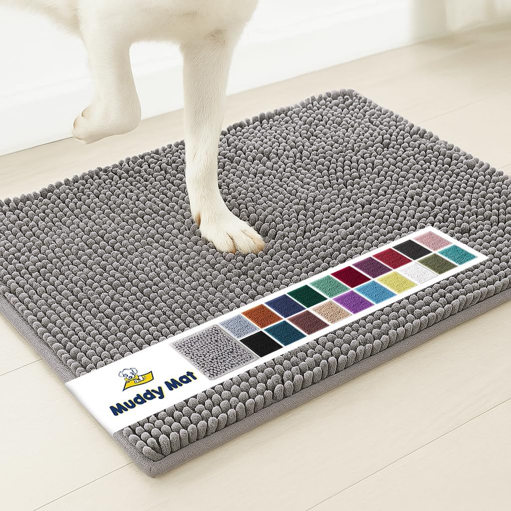 Muddy Mat AS-SEEN-ON-TV Highly Absorbent Microfiber Door Mat and Pet Rug, Non Slip Thick Washable Area and Bath Mat Soft Chenille for Kitchen Bathroom Bedroom Indoor and Outdoor - Grey Medium 30"X19"