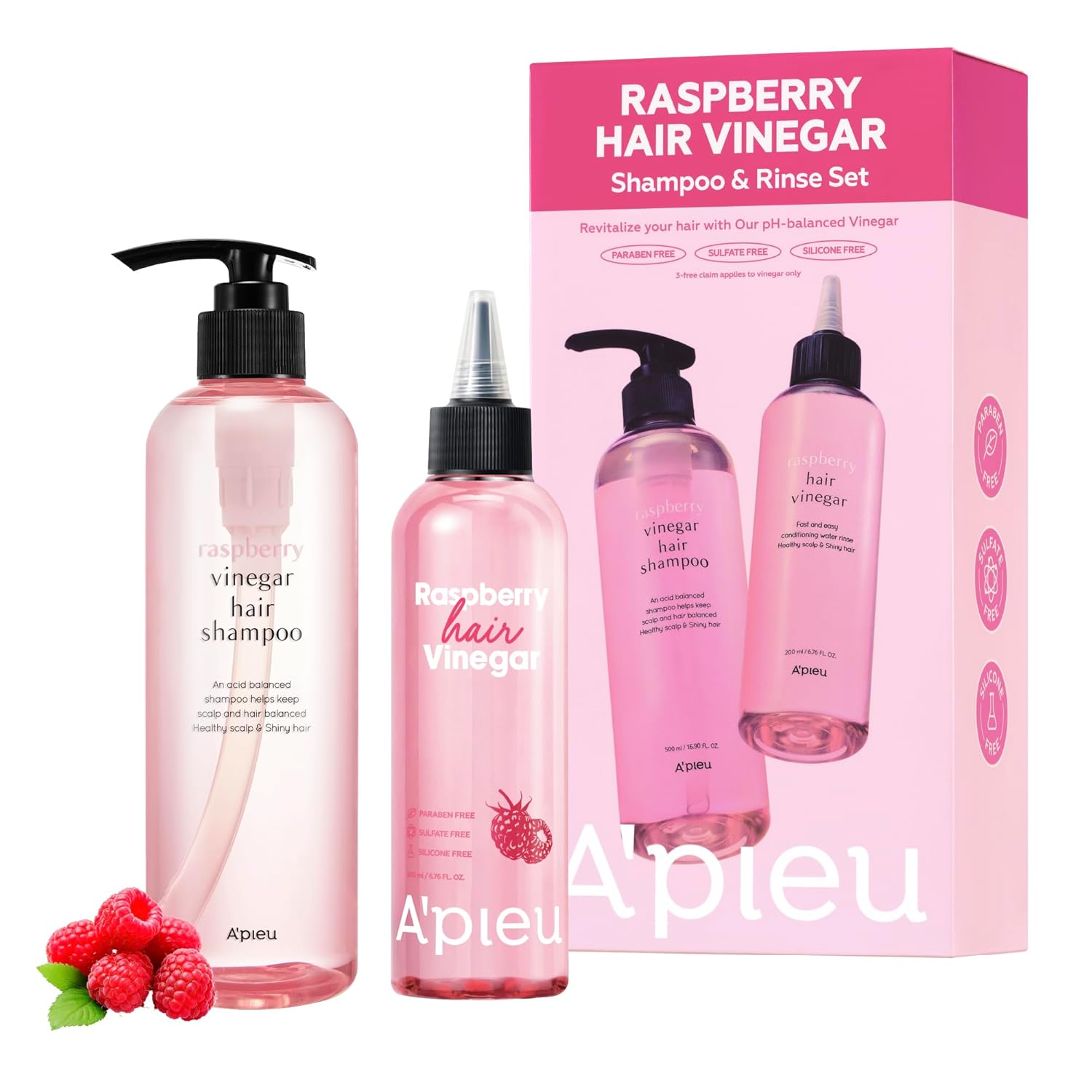 A’PIEU Raspberry Shampoo & Hair Vinegar Rinse Set – Scalp Clarifying, Buildup Removal, Helps Support Healthy Hair Growth, Korean Hair Care (6.76 fl oz/16.9 fl oz)