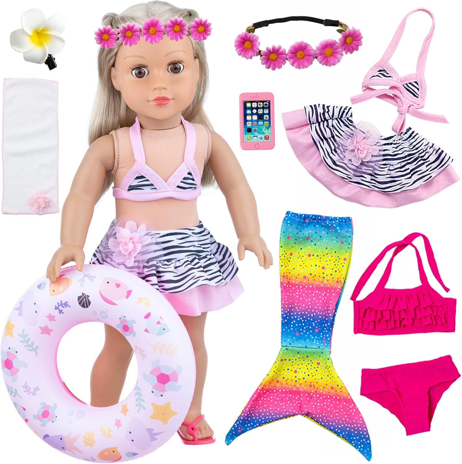 UNICORN ELEMENT 11Pcs 18 Inch Girl Doll Clothes and Accessories Set Including Colorful Mermaid Swimsuits,Mobile Phone,Hairpin,Swimming Circle