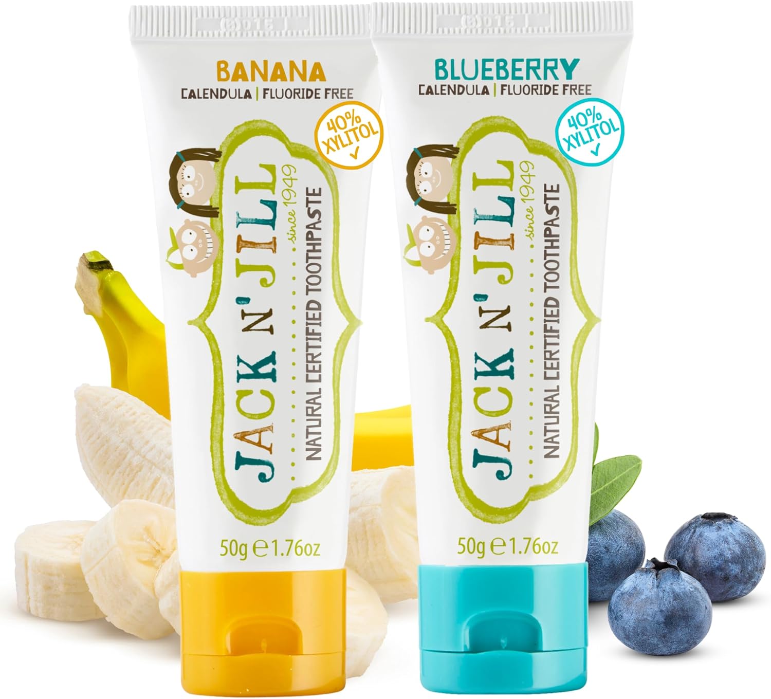 Jack N' Jill Natural Toothpaste for Kids - Fluoride Free Toothpaste, 40% Xylitol, BPA Free - Banana & Blueberry, 1.76 oz (Pack of 2)