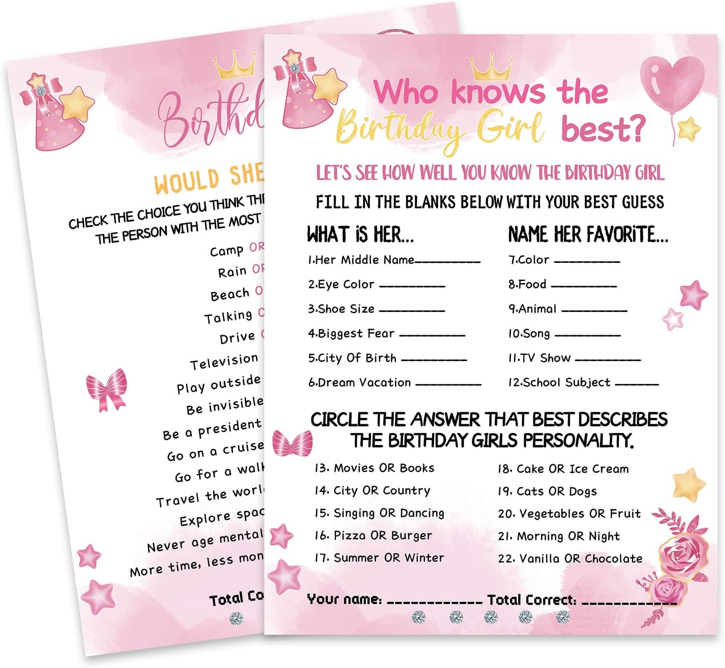 HOMANGA Who Knows The Birthday Girl Best Age 3+, Birthday Would She Rather, Birthday Game Cards for Girls Hers Women's Sleepover Party - 15x20cm Set of 30 (Pink, Double-sided)