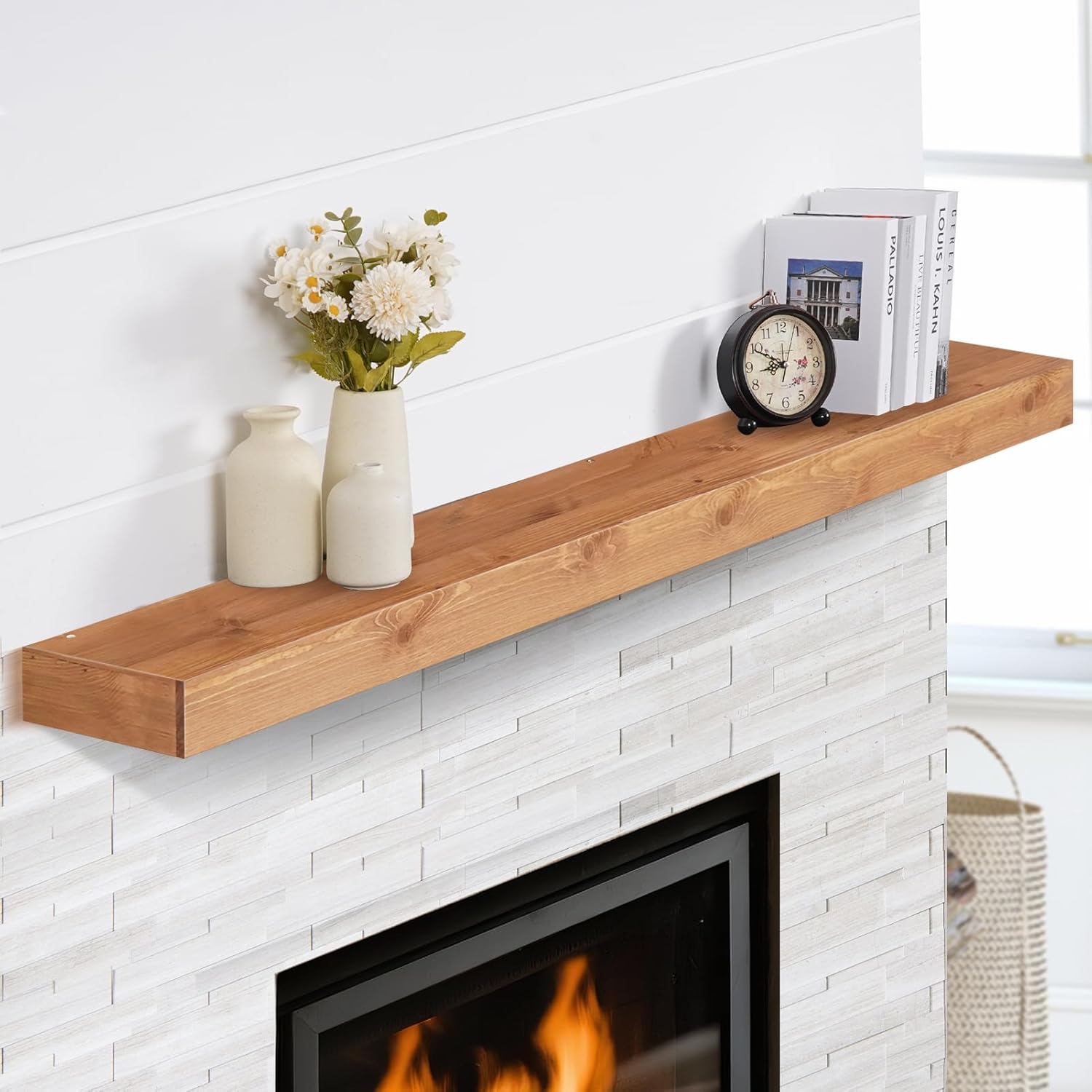 Fireplace Mantel Shelves 66inch | Solid Wood Floating Mantel Shelf - Rustic Farmhouse Wall Shelf with Invisible Brackets & Heavy Duty 100lbs Capacity