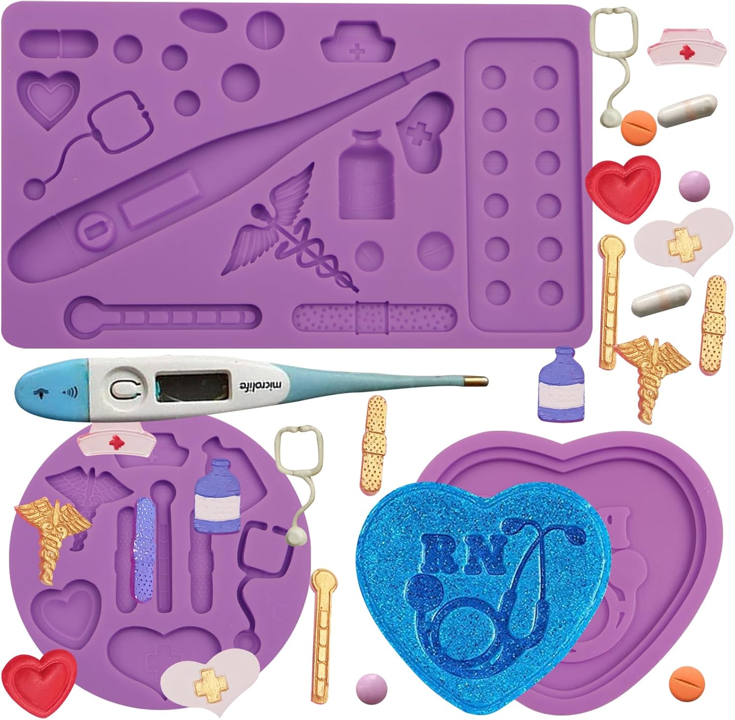 Medical Theme Silicone Mold Set, 3 Pieces, First Aid Kit for Nurses Pill Tablet Fondant Molds Medical Apparatus Chocolate Molds for Cupcake Cake Topper Decoration Candy Polymer Clay Gum Paste