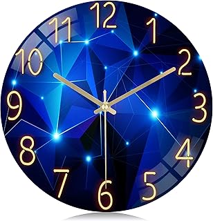 Lafocuse 12 Inch Silent Non-Ticking Glass Blue Wall Clock for Living Room Decor, Modern Kitchen Wall Clock Battery Operated Bedroom Home Office