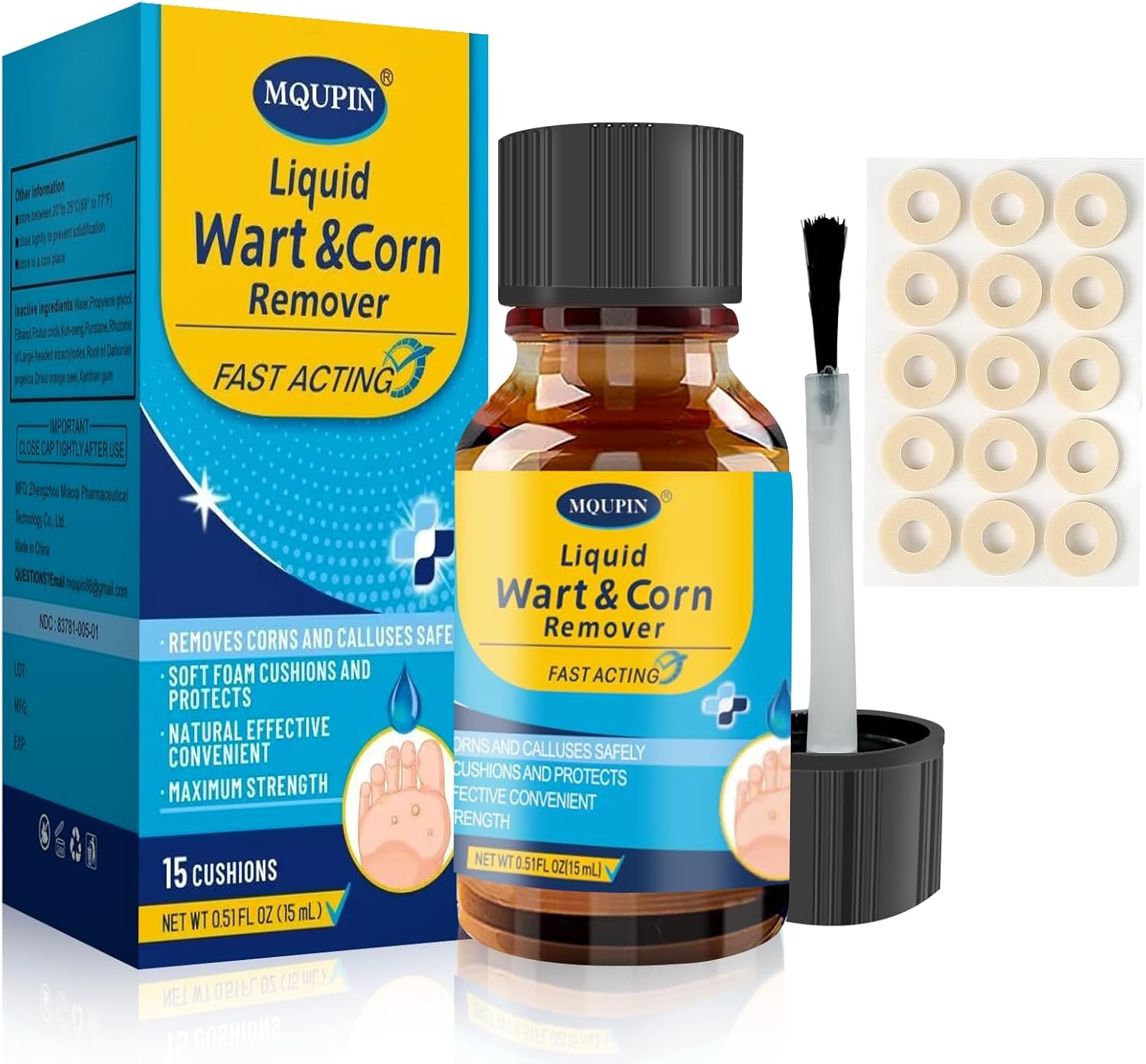 MQUPIN Liquid for Corn removers, Corn Removers for feet Extra Strength, Fast Acting Foot Corn Remover, Foot Corn Pain Relief, 15ML Liquid with 15PCS Cushions 10PCS Swabs
