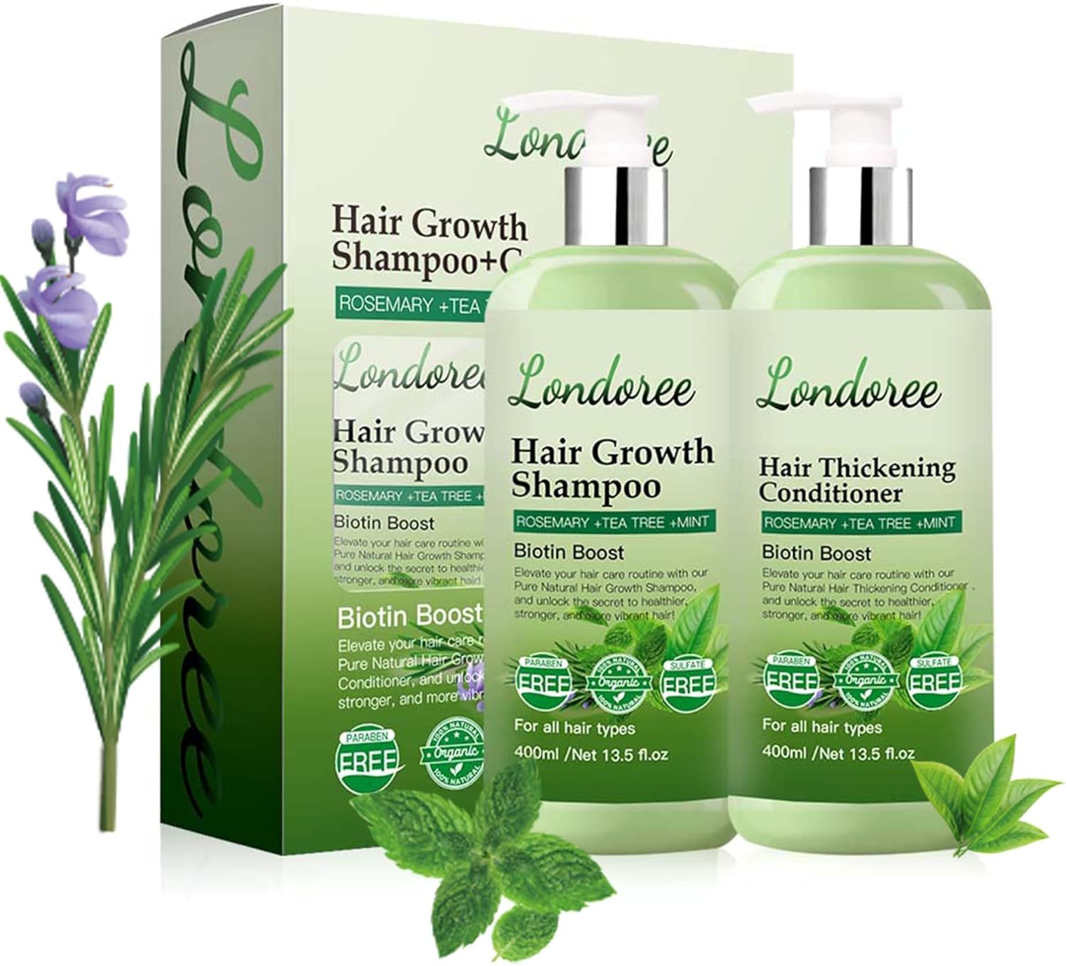 Shampoo & Conditioner Set with Rosemary, Biotin & Tea Tree for Hair Growth – Sulfate Free, Anti Hair Loss & Thickening Formula – Natural Hair Regrowth Treatment for Men & Women, 400ml Each Bottle
