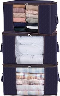 Lifewit Large Capacity Clothes Storage Bag Organizer with Reinforced Handle Thick Fabric for Comforters, Blankets, Bedding, Foldable with Sturdy Zipper, Clear Window, 3 Pack, 90L, Blue