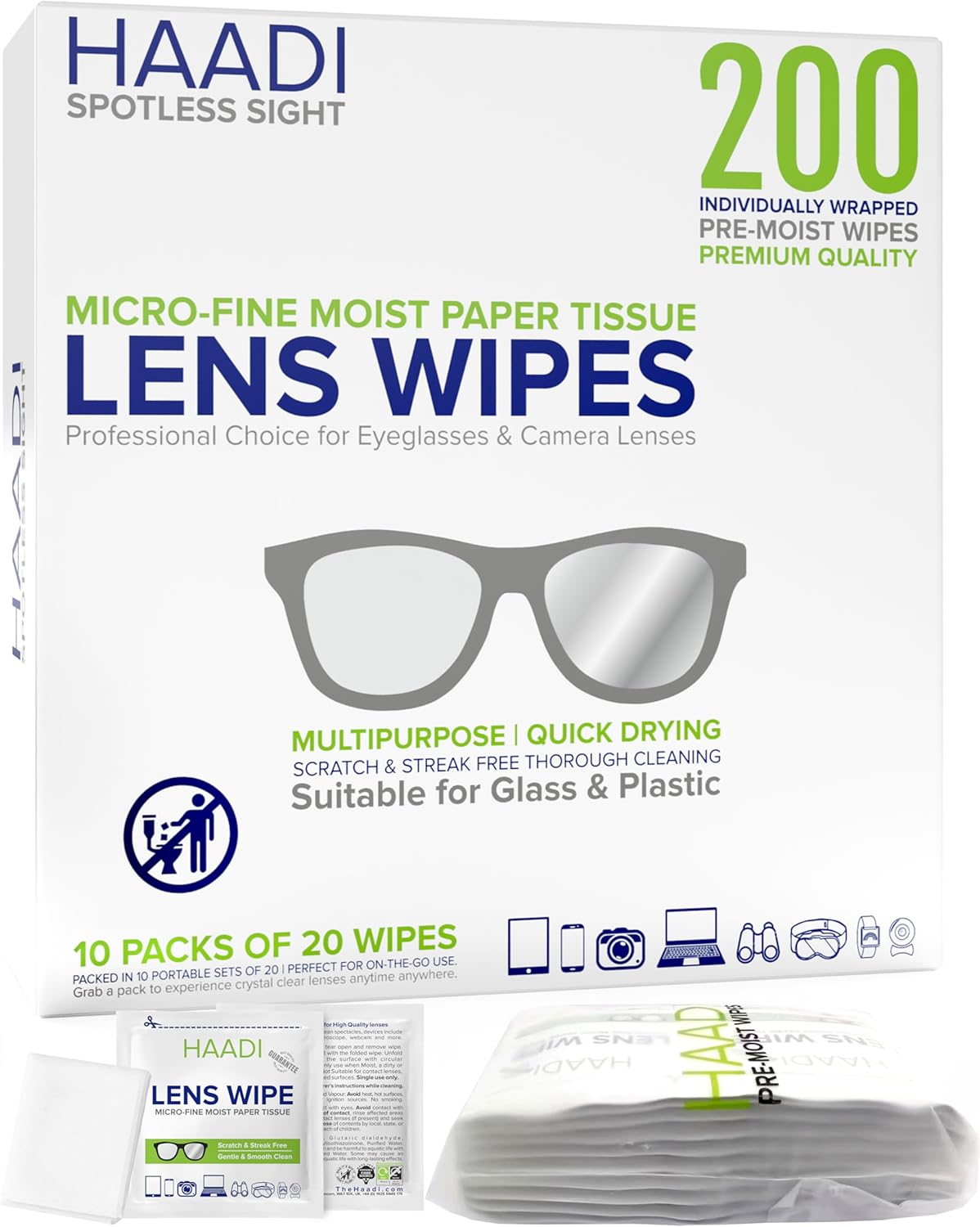 Glasses Cleaner Lens Wipes for Eyeglasses 200 Individually Wrapped Multipurpose Pre-Moistened Wipe for Spectacle Lenses, Cameras, Binoculars, Mirrors, Screens, Optical and Electronic Devices