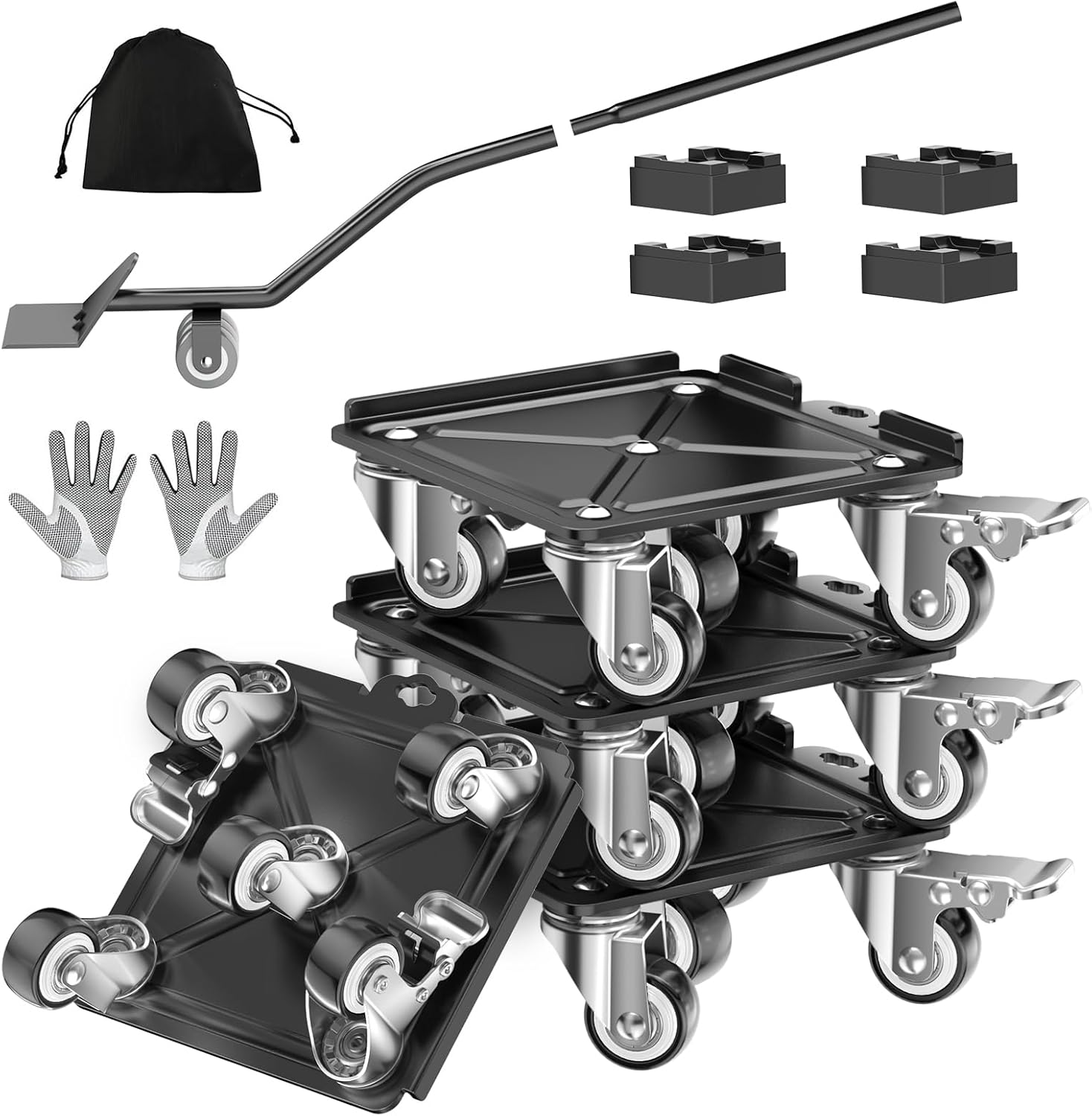 Upgraded Wheels Furniture Dolly,3000 lb Capacity 6.4 inch,360°Rotation with Brake,Heavy Duty Furniture Movers with Wheels,Moving Dolly with Wheels,Moving Furniture Sliders (Black)