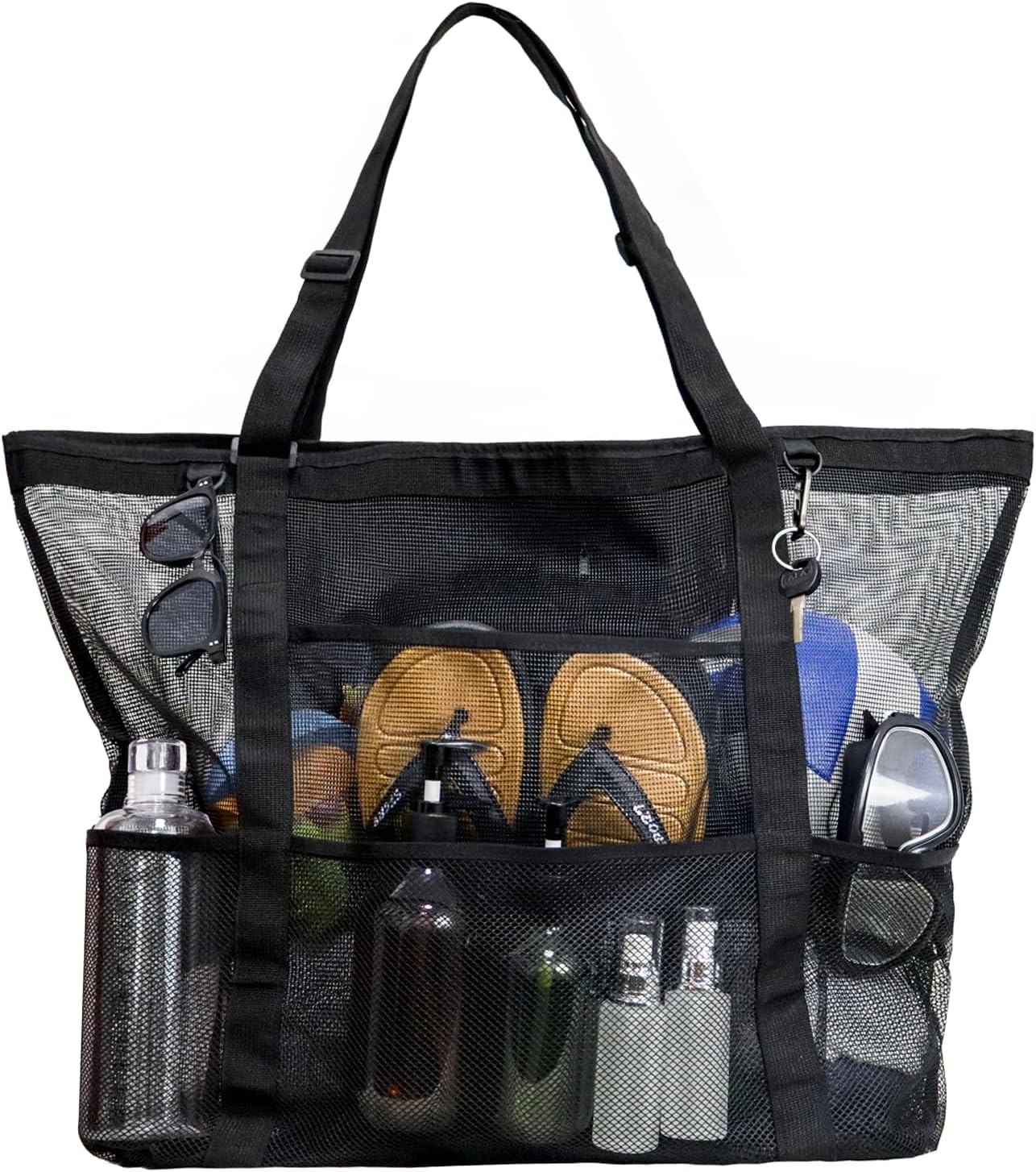 WFK outdoor large capacity tote bag, large mesh beach bag with multiple pockets, suitable for family travel, beach and vacation essentials