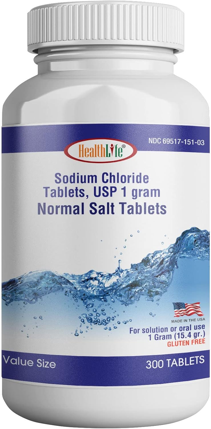 Health Life Sodium Chloride Tablets 1 gm, USP | 300 Count | Normal Salt Tablets | Sodium Mineral Supplement (15.4gr.) | Electrolytes Replenisher Hydration Drink