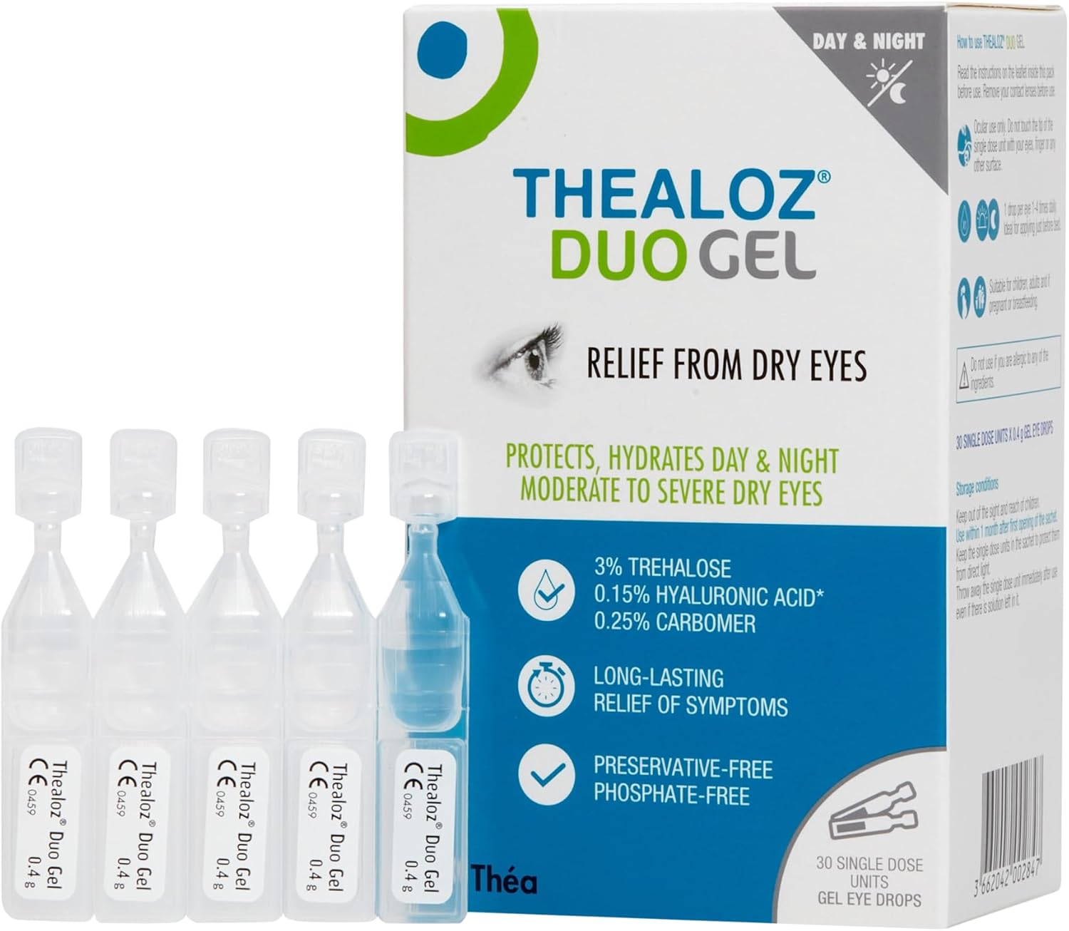 30 Thealoz Duo Gel (Single Dose Vials) Eye Drops - Long-Lasting Relief Day & Night for Dry, Tired & Sore Eyes | Gentle, Preservative-Free Gel | 30 Single Dose Units