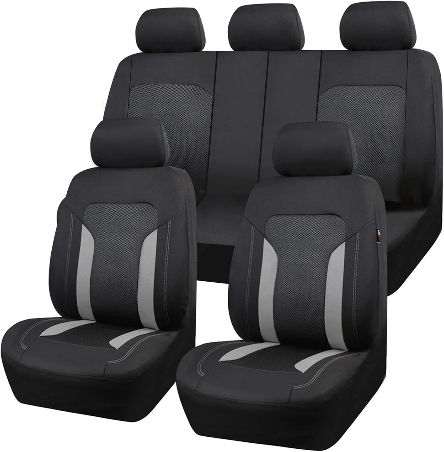 CAR PASS 3D Air Mesh Car Seat Covers Full Set, Breathable Sporty Rear Bench with Zipper for Armrest Box Universal Fit 95% Automotive SUV,Truck,Sedan Interior Cute Women Airbag Compatible, Black Gray