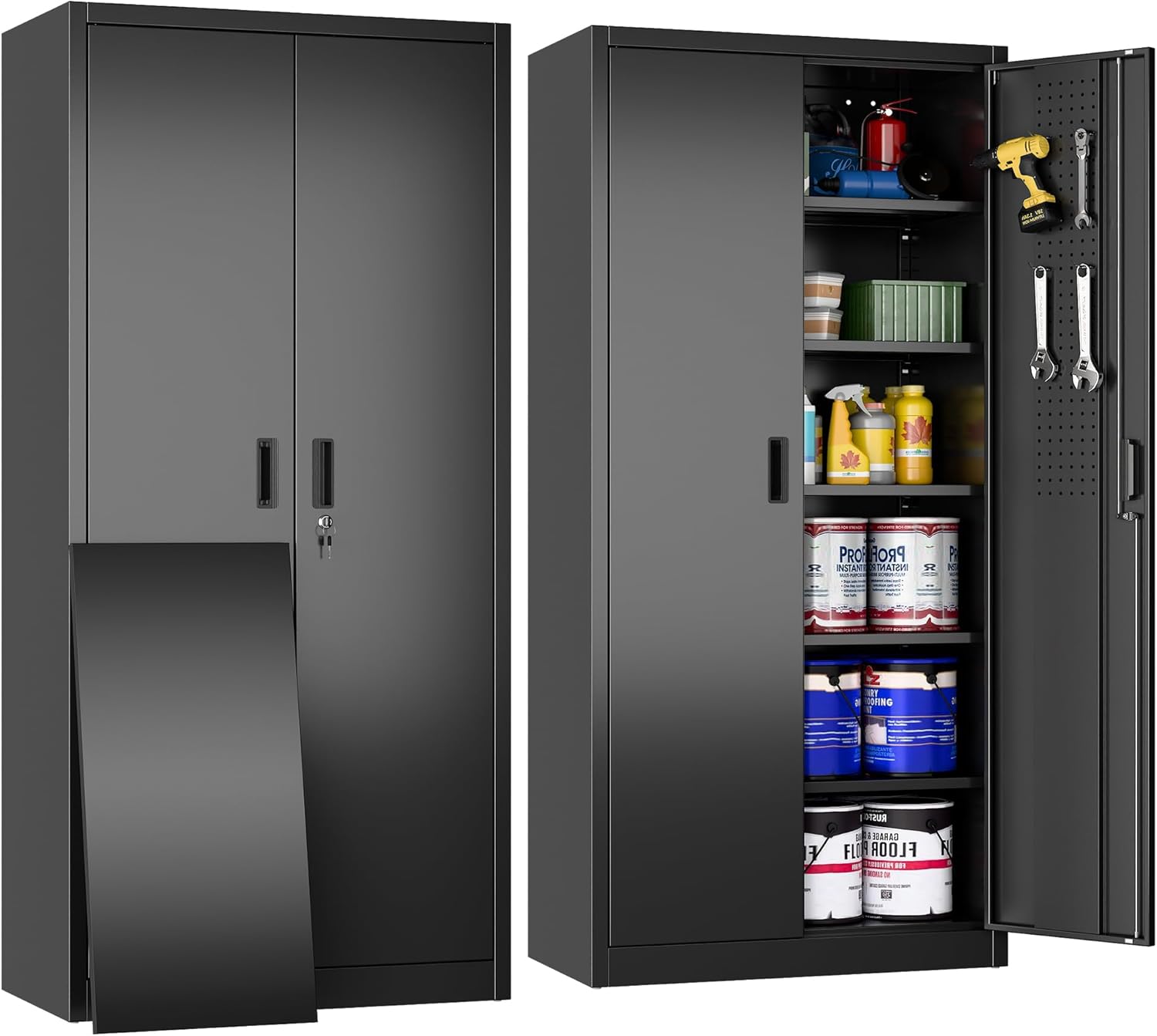 METAN Black Metal Storage Cabinet with Pegboards, 71 Inches Garage Storage Cabinet with 2 Locking Doors and 5 Adjustable Shelves for Office,Garage, Home, Assemble Required,Black