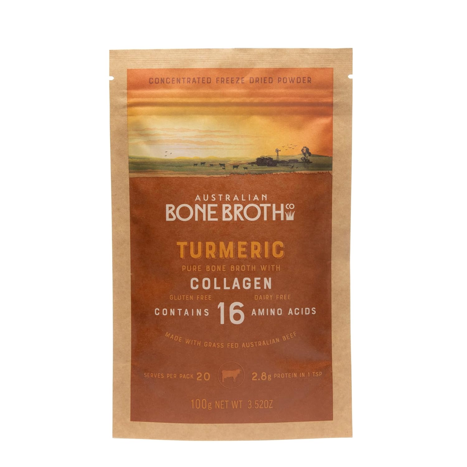 ABBCo Australian Beef Bone Broth Powder with Turmeric, Collagen Peptides - Support Bone Health, Enhance Energy & Mood, Aid Digestion - Gluten & Dairy Free, No Preservatives - 100g
