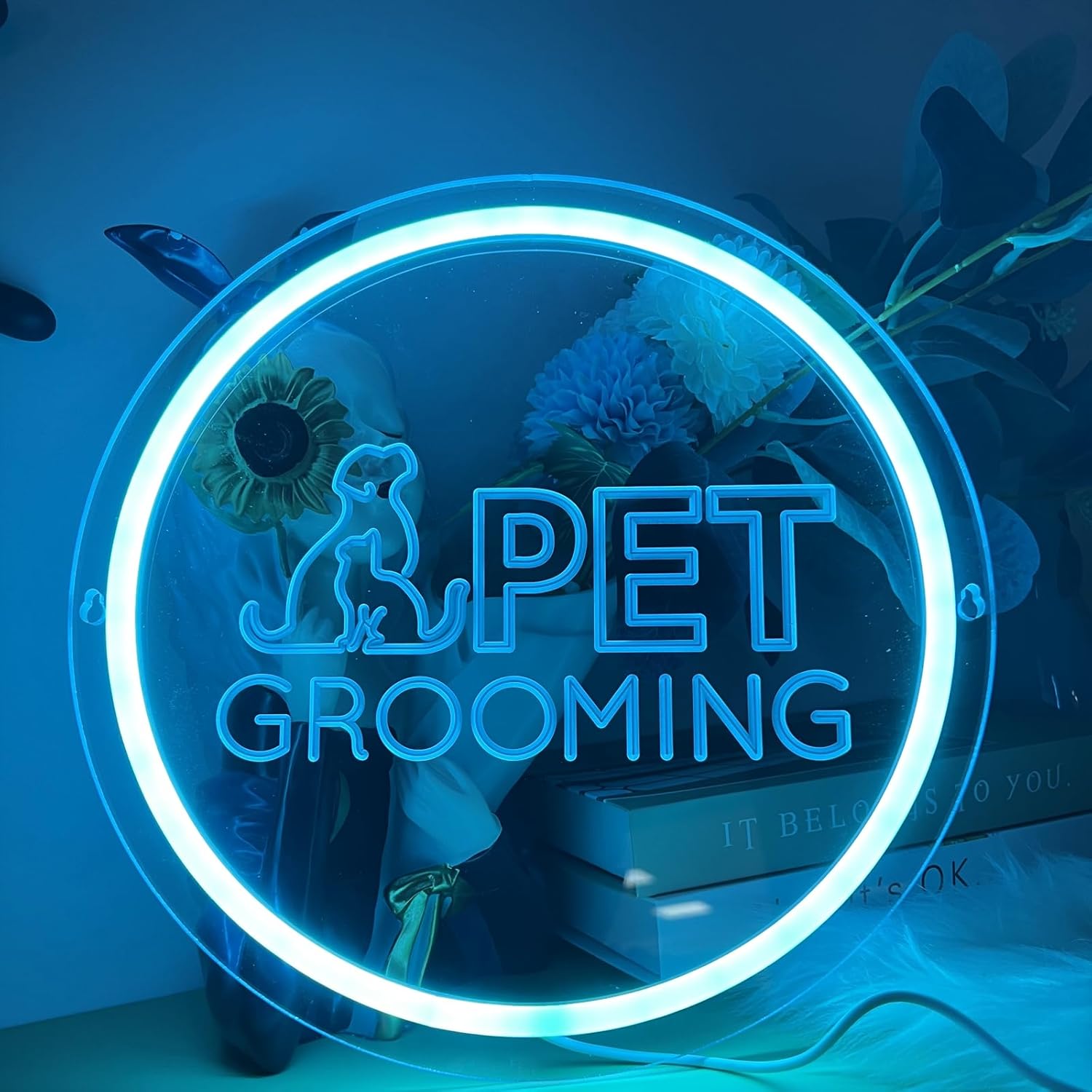 Pet Grooming Neon Sign - Paw Print LED Wall Light for Dog Salon, Vet Clinic, Pet Lover Home Decor, USB Dimmable Animal Sign(12x12 Inch)