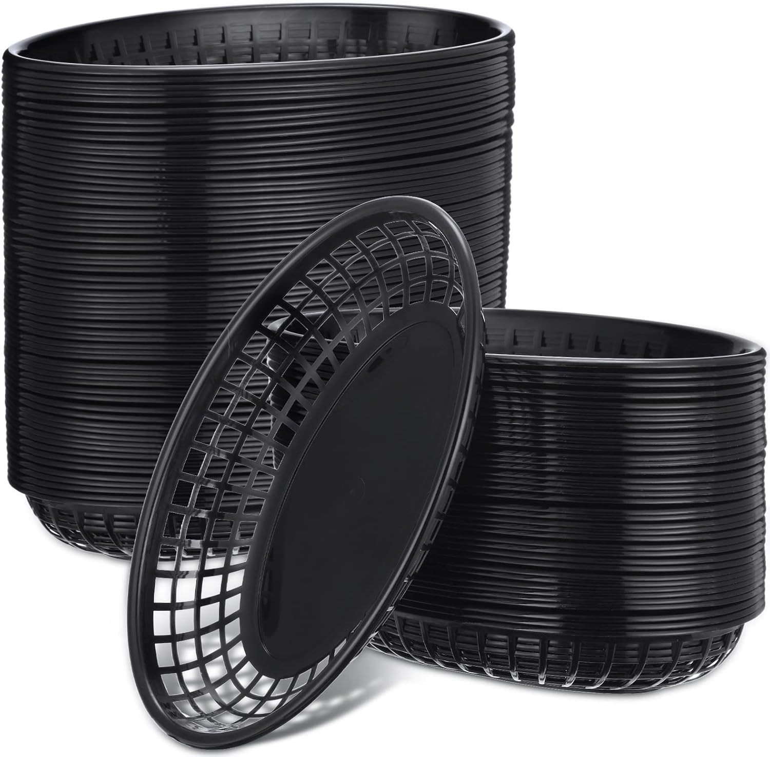 100 Pcs Fast Food Baskets 8.9 x 5.5 Inch Plastic Baskets for Food Black Chip Tray Reusable Bread Fry Oval Serving Tray for Restaurant Supplies Hot Dog Deli Serving Chicken