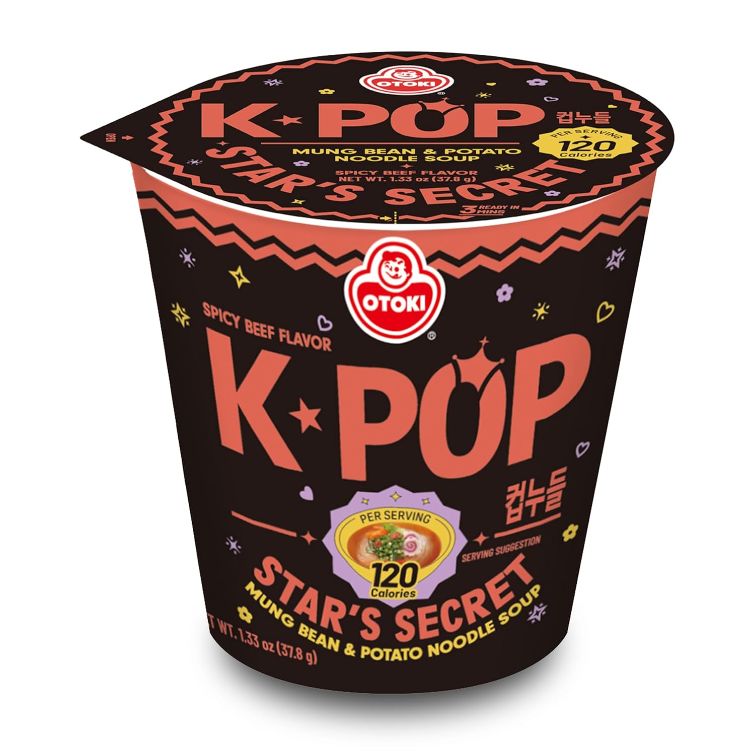 OTOKI K-POP Star’s Secret Cup Noodles Spicy Beef Flavor, 120 Calories, Low-Calorie Instant Ramen, Non-Fried Mung Bean & Potato Noodle Soup, 6 Pack, 37.8g Cups