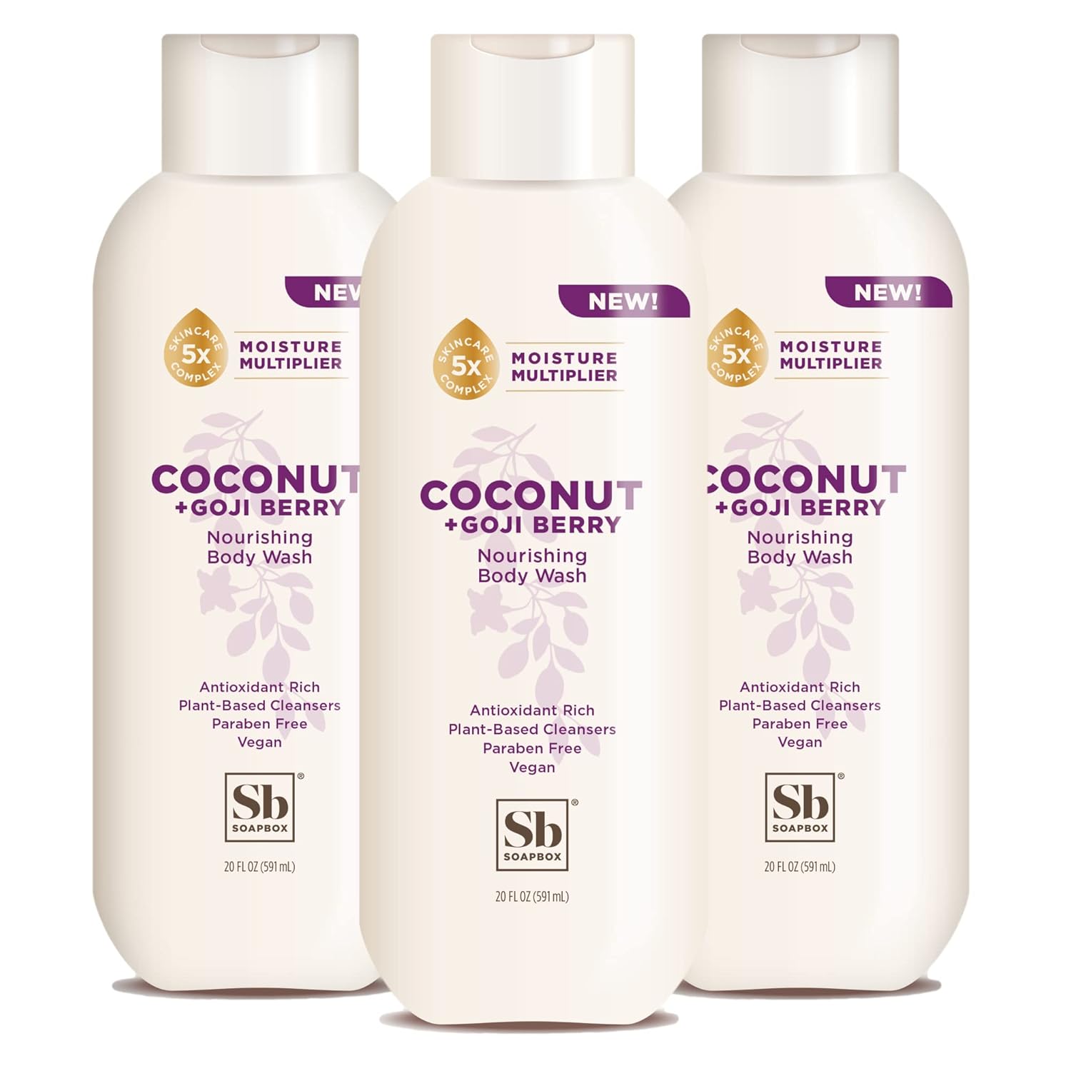 Soapbox Body Wash, Coconut + Goji Berry Body Wash for Women, Men | Vegan + Antioxidant Rich Moisturizing Body Wash with Shea Butter, Peptides & Keratin Promoting B3, 3 Pack, 20oz Each
