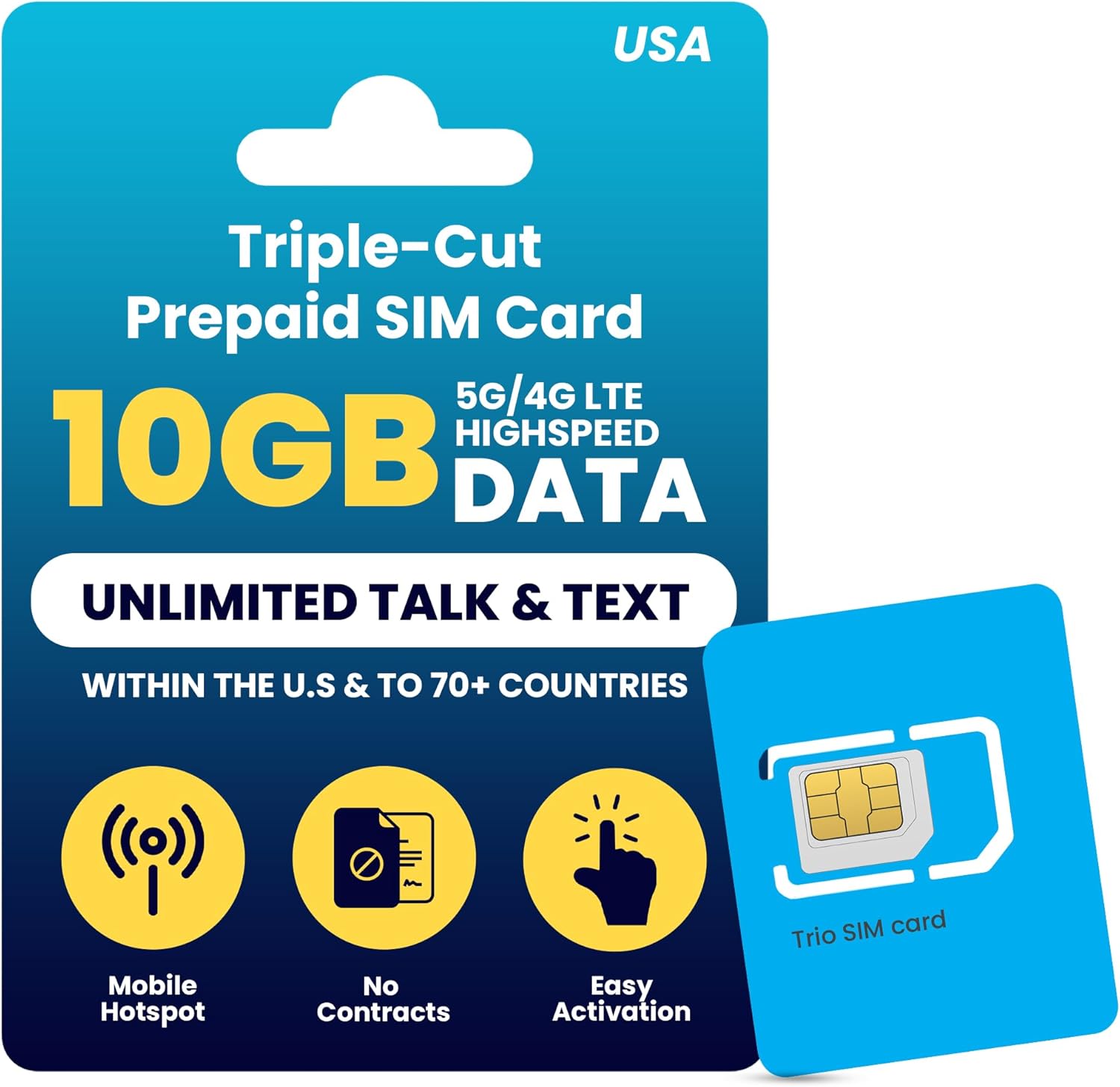 H2O Wireless 30-Day Prepaid SIM Card USA with 10GB High-Speed 4G LTE/5G Data & 5GB Mobile Hotspot, Unlimited Data, International Talk & Text, Triple-Cut US Mobile SIM Card for Cell Phones
