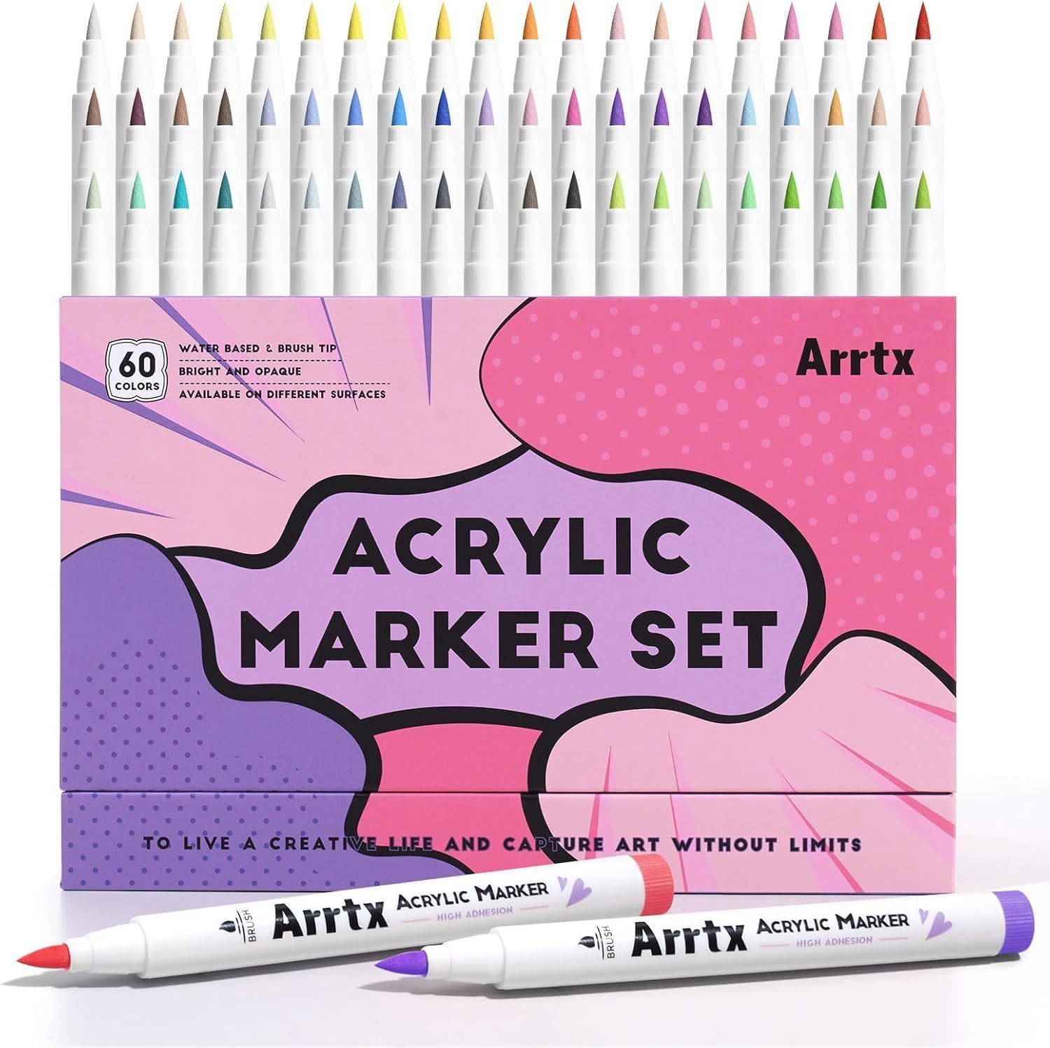 Arrtx Acrylic Paint Markers 60B, Brush Tip Art Markers - Vibrant Colors, Smooth Writing for Rock Painting, Glass, Wood, Ceramic, Fabric & Stone Crafts,Arts & DIY Crafts